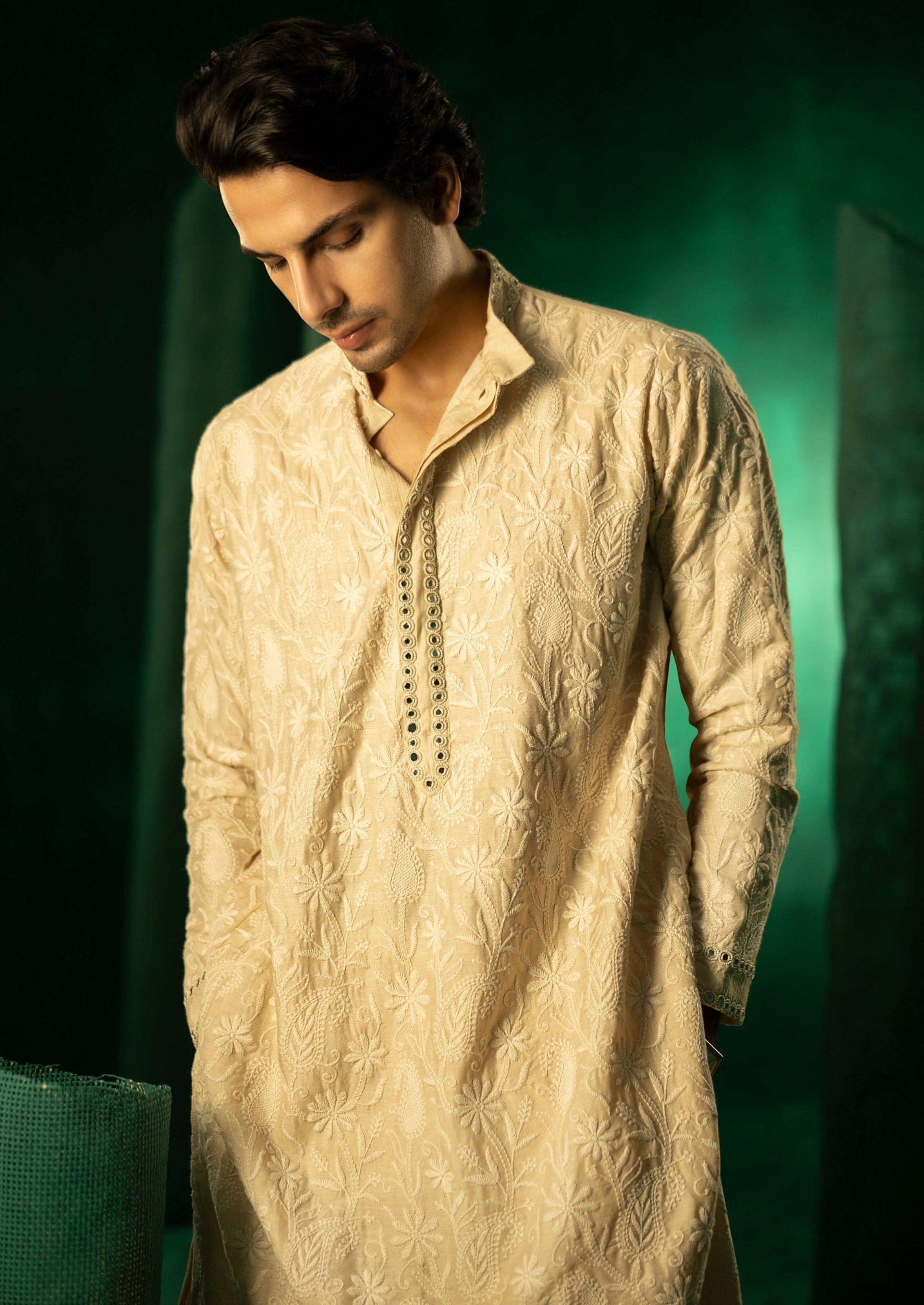 Beige Chikankari Mirror Embellished Kurta Set