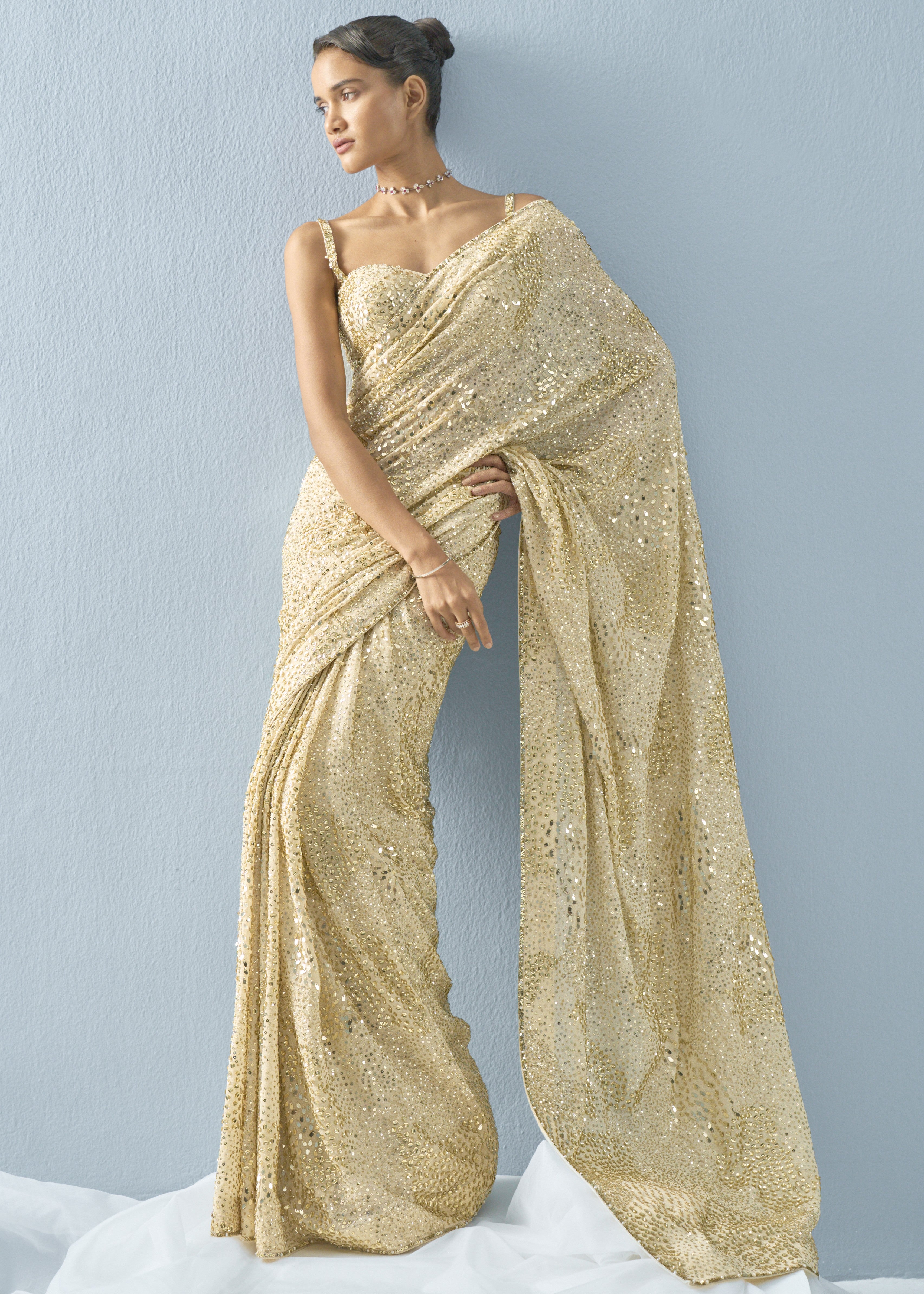 Ivory Georgette Sparkle Sari Set