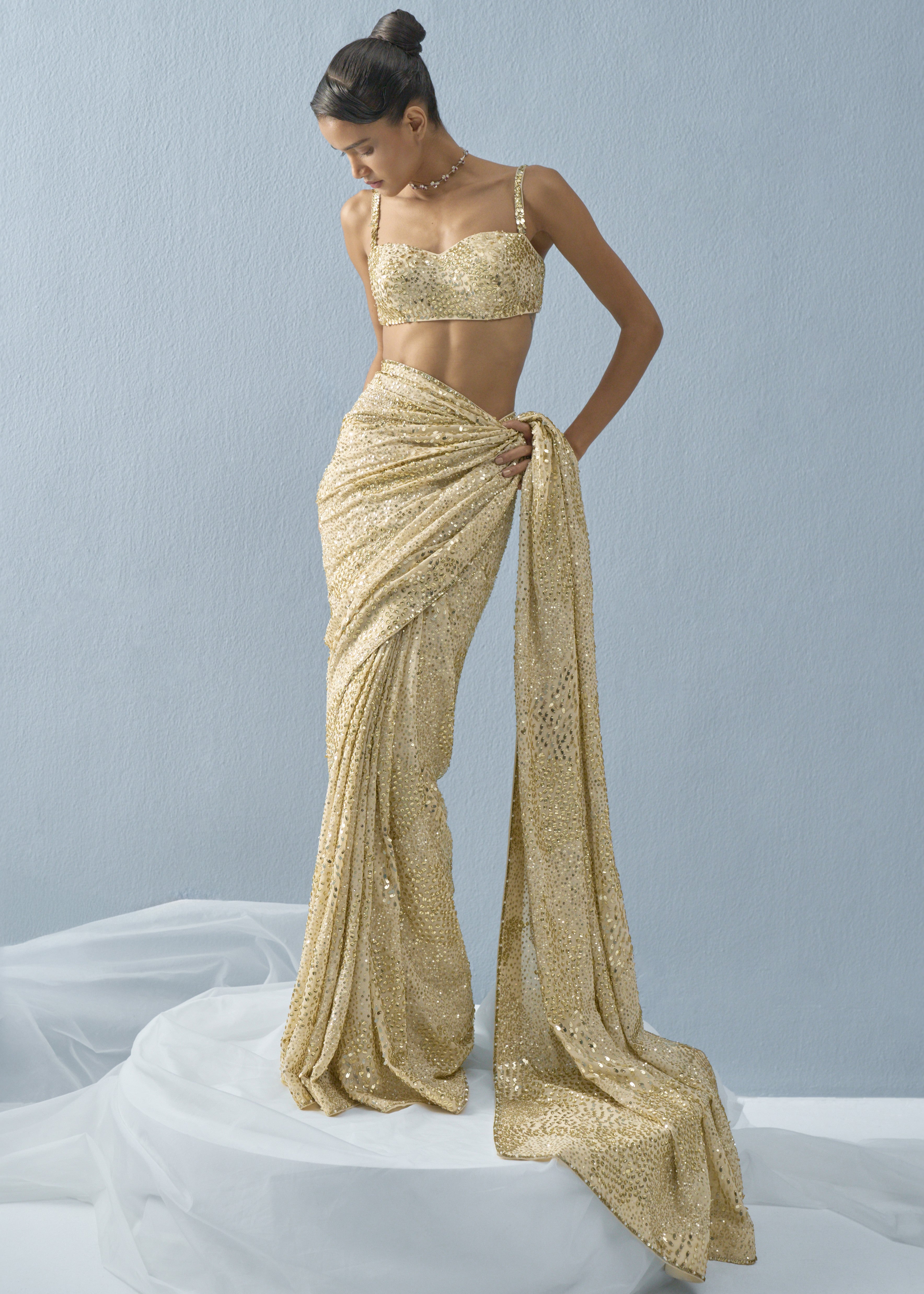 Ivory Georgette Sparkle Sari Set