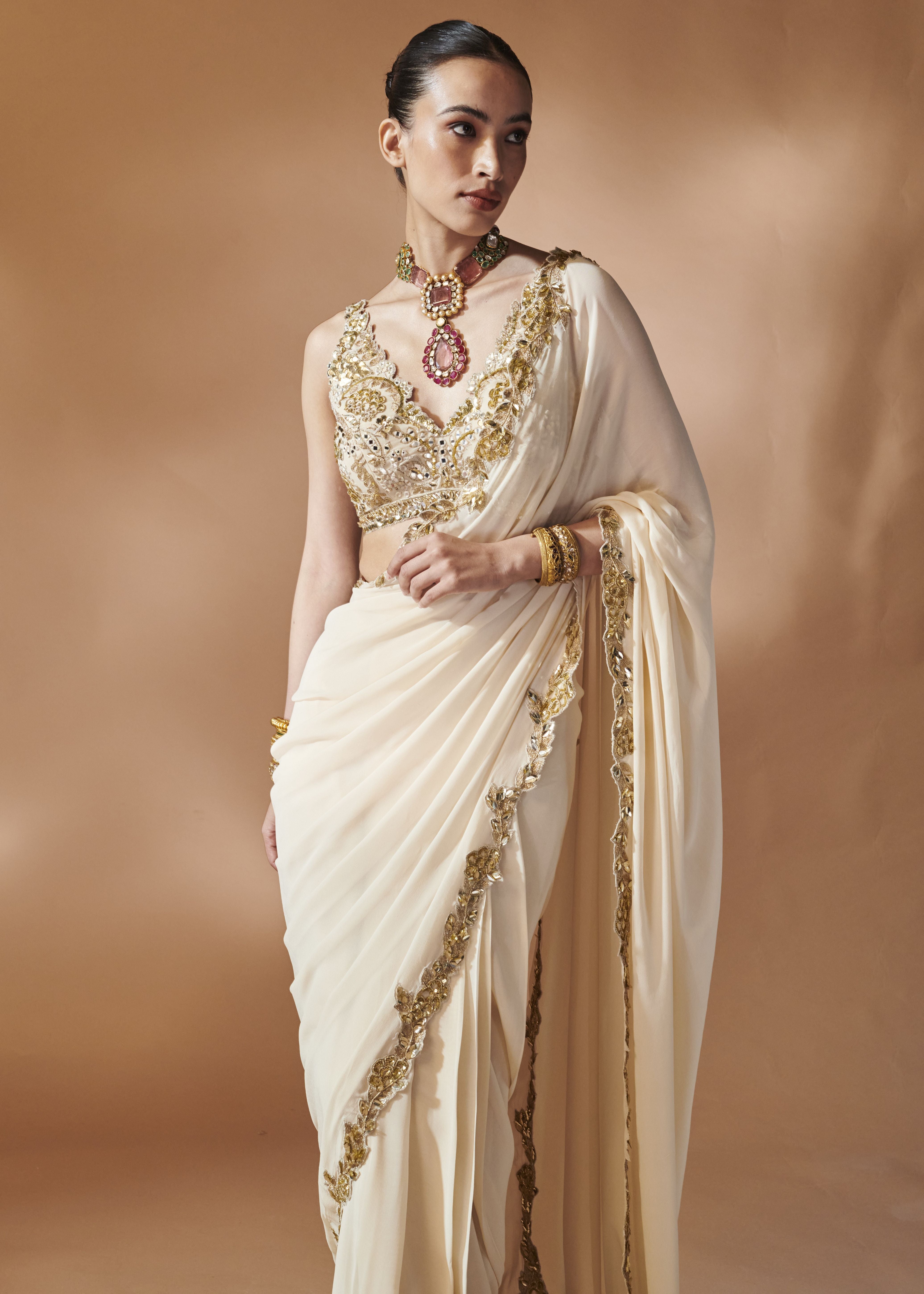 Ivory And Gold Sari Set