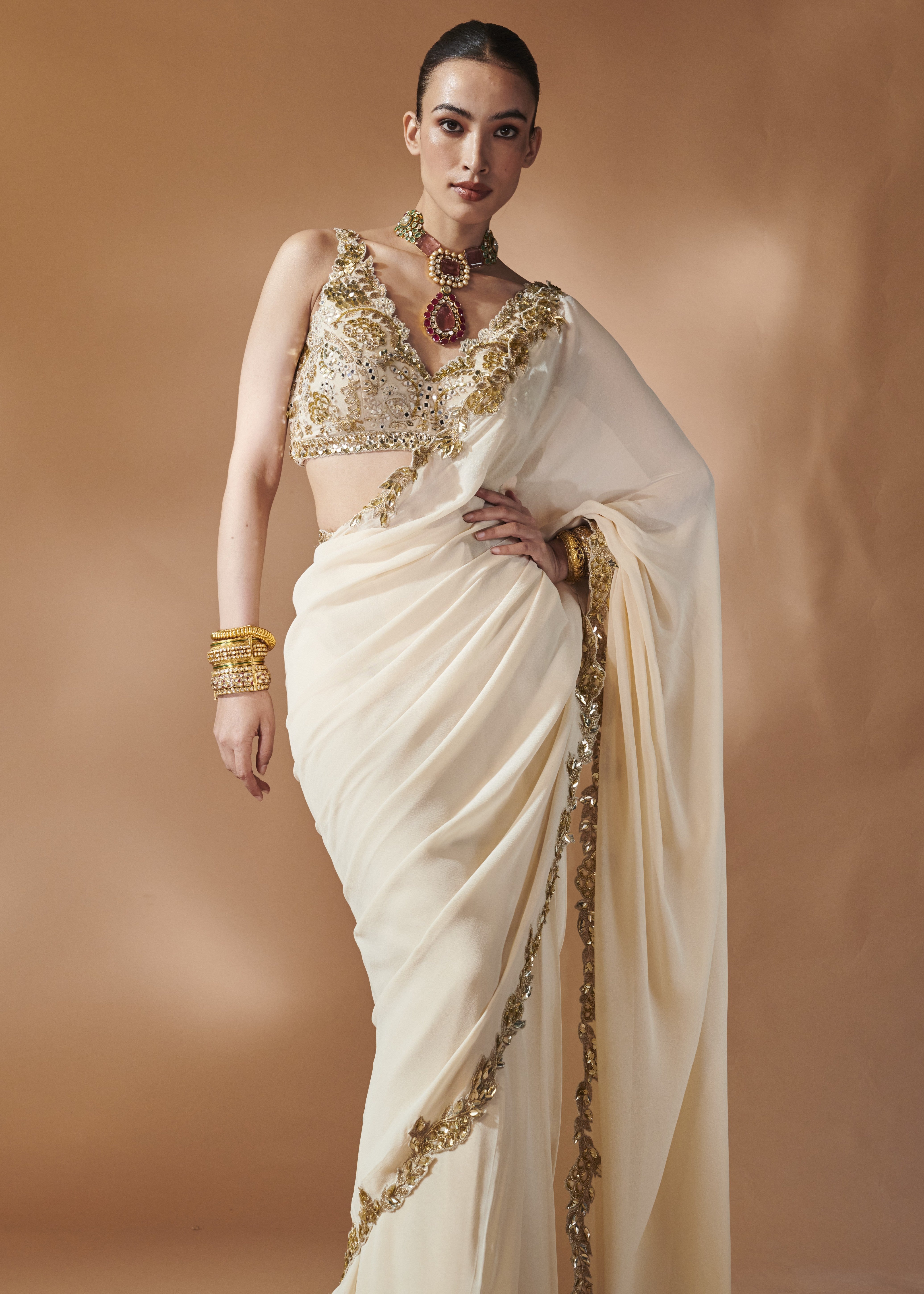 Ivory And Gold Sari Set