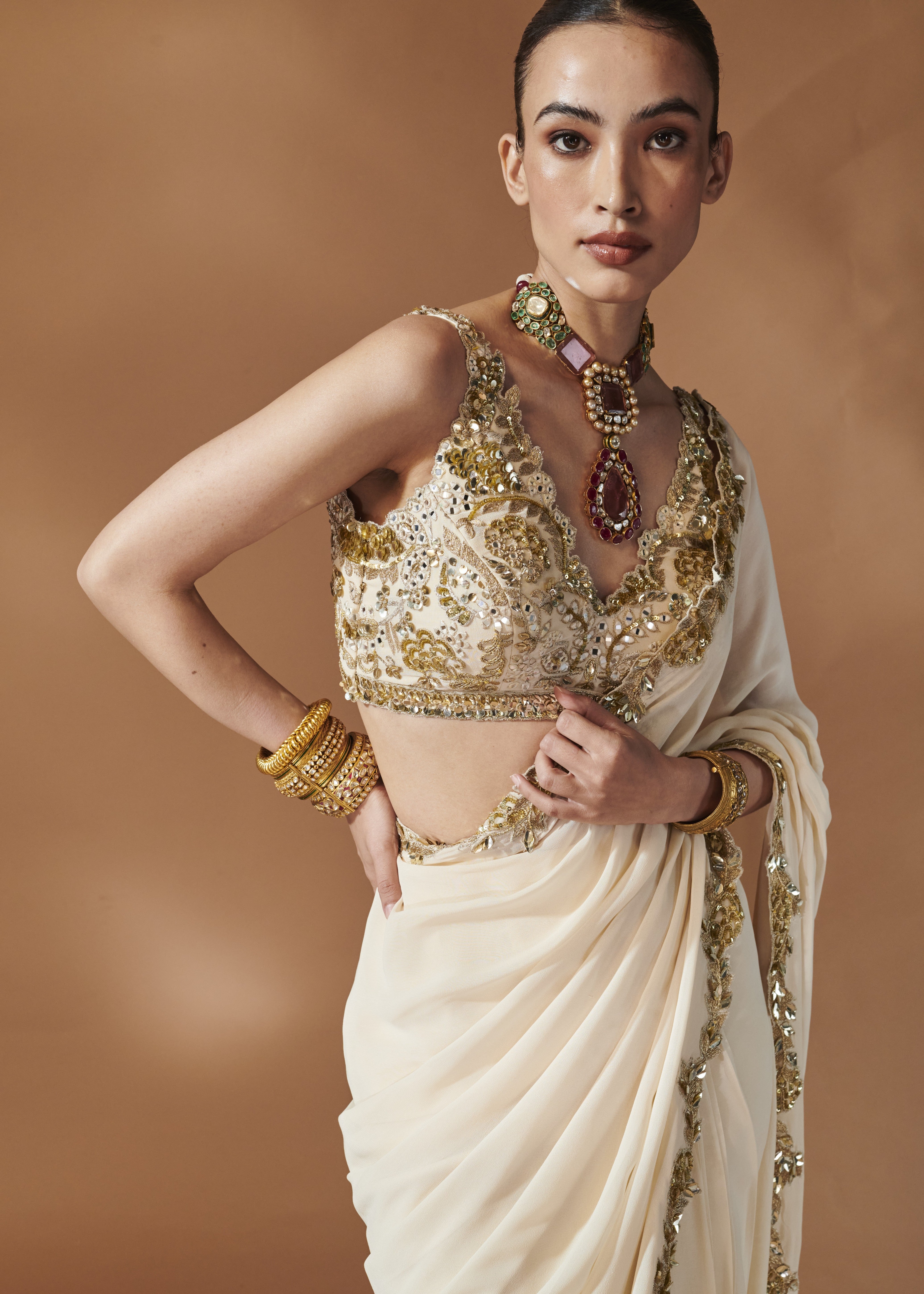 Ivory And Gold Sari Set