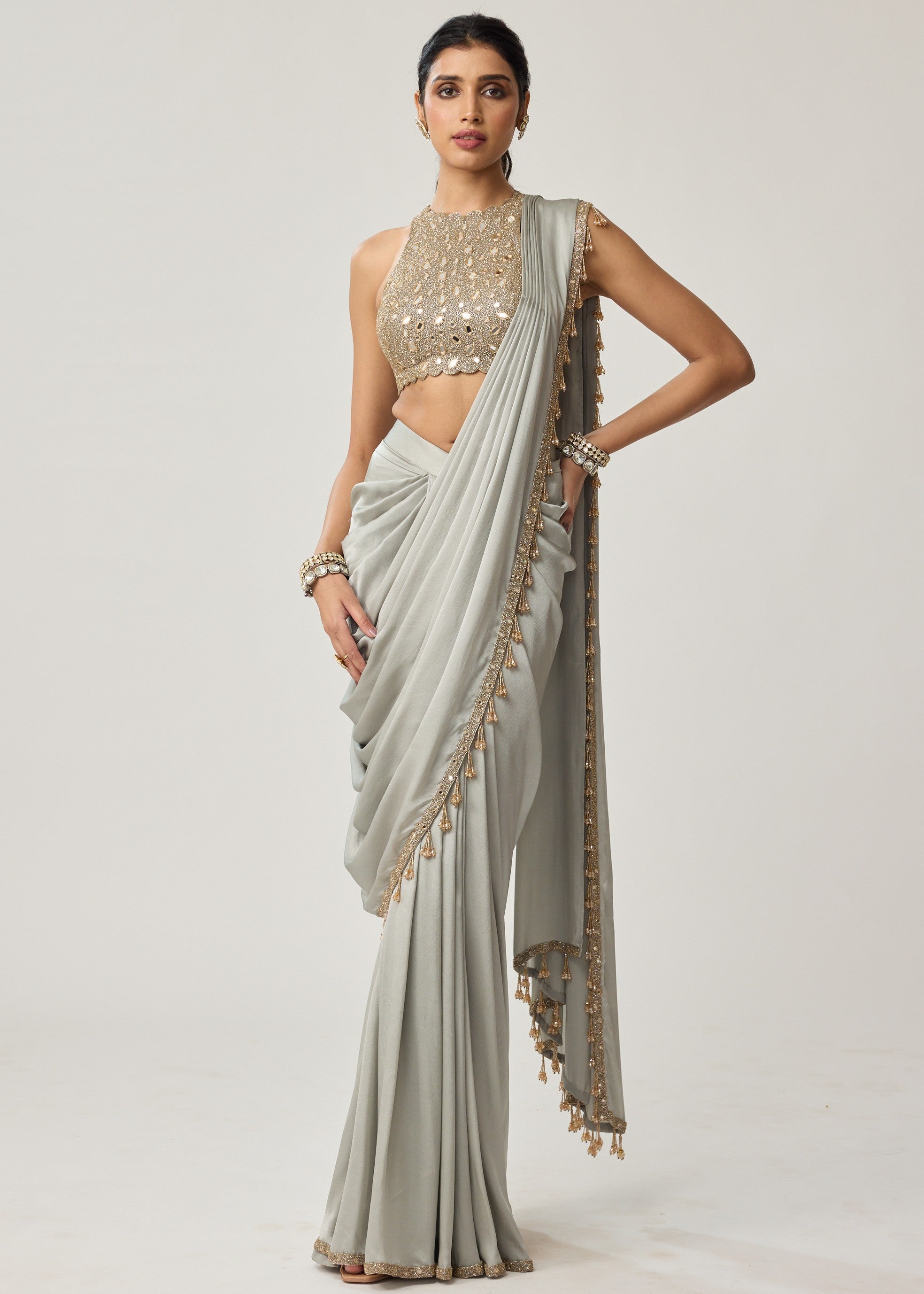 Powder Grey Mirror Satin Sari Set