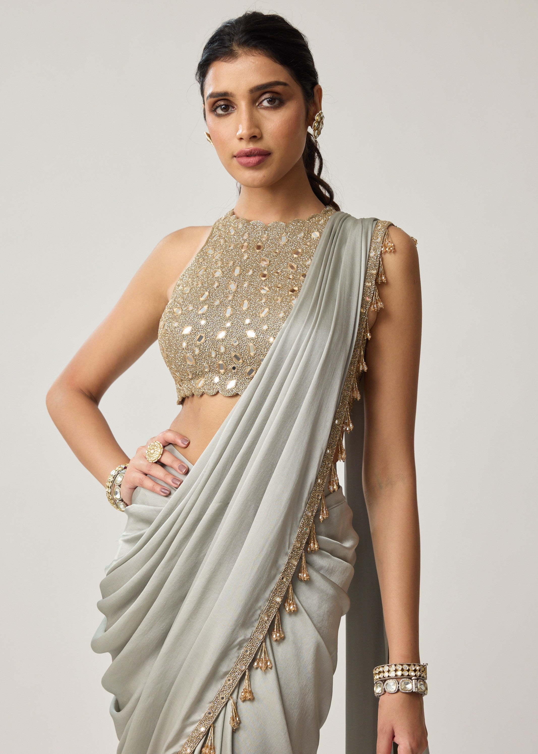 Powder Grey Mirror Satin Sari Set