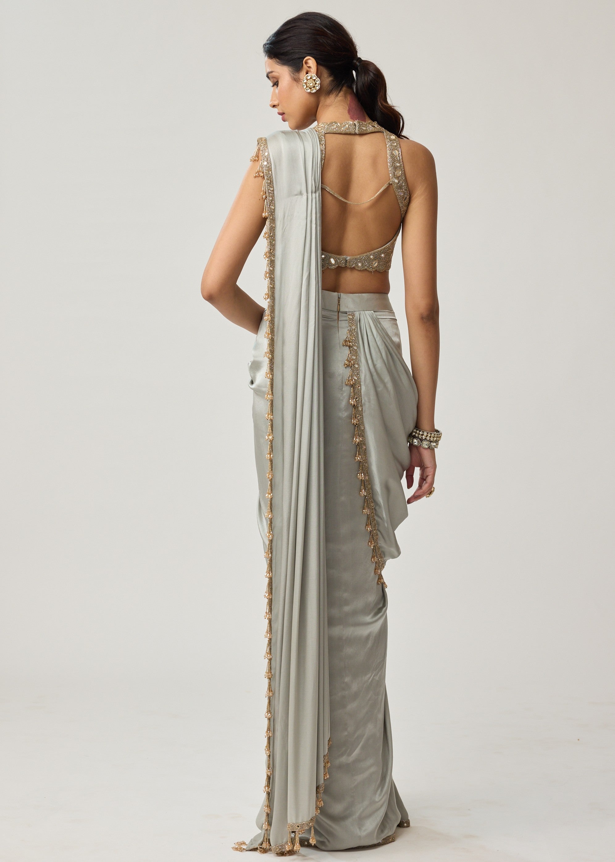 Powder Grey Mirror Satin Sari Set