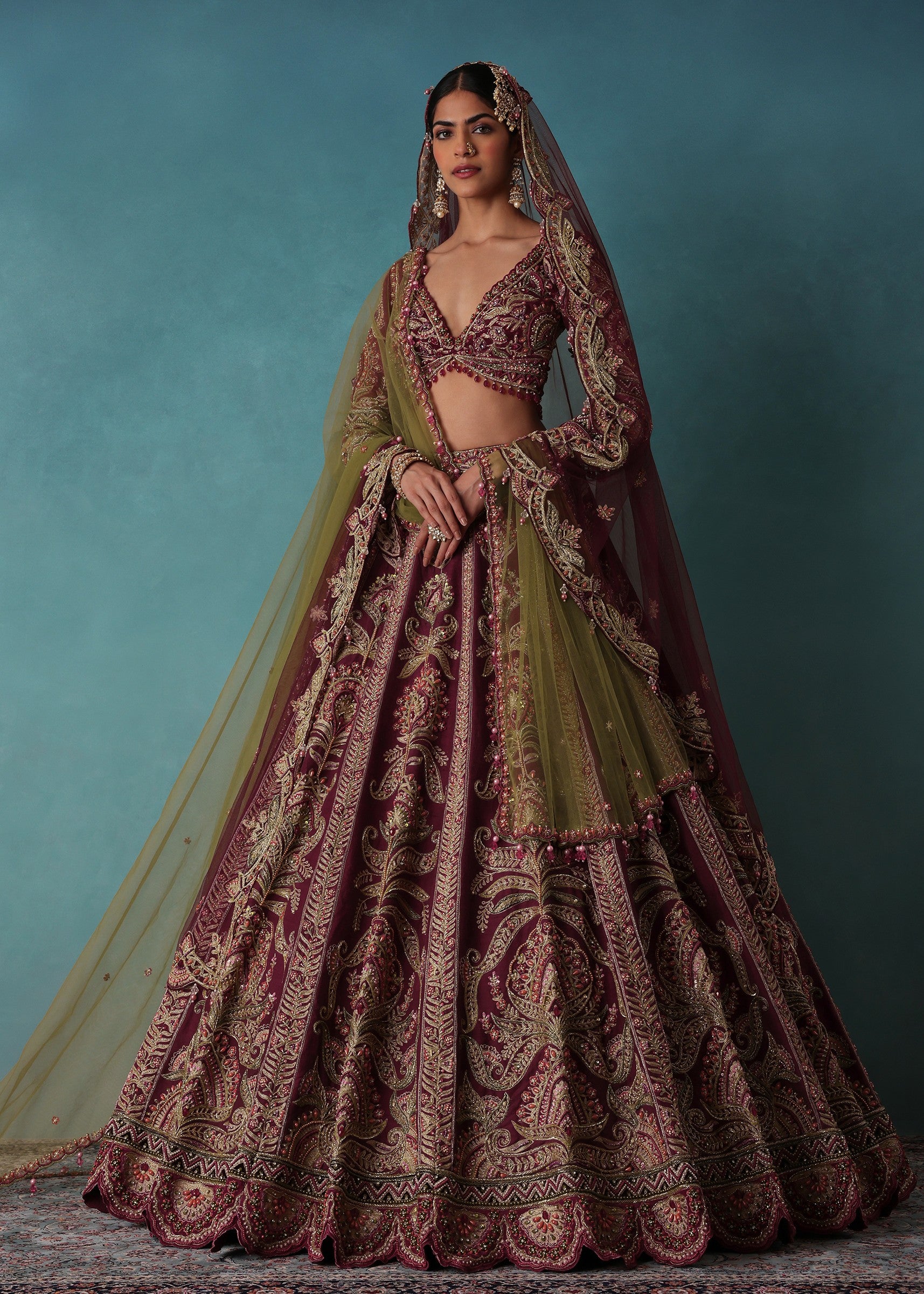 Old Rose Red Embroidered Bridal Lehenga Set