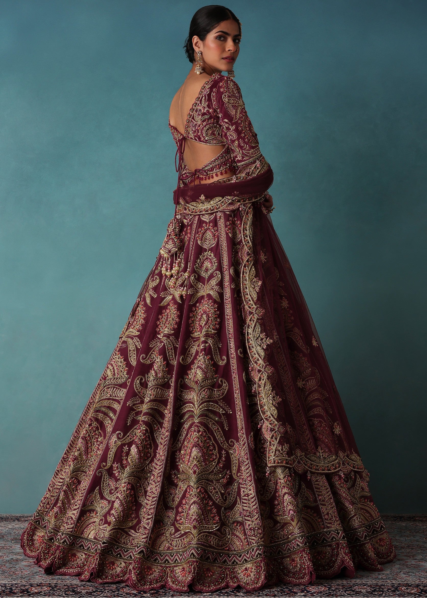 Old Rose Red Embroidered Bridal Lehenga Set