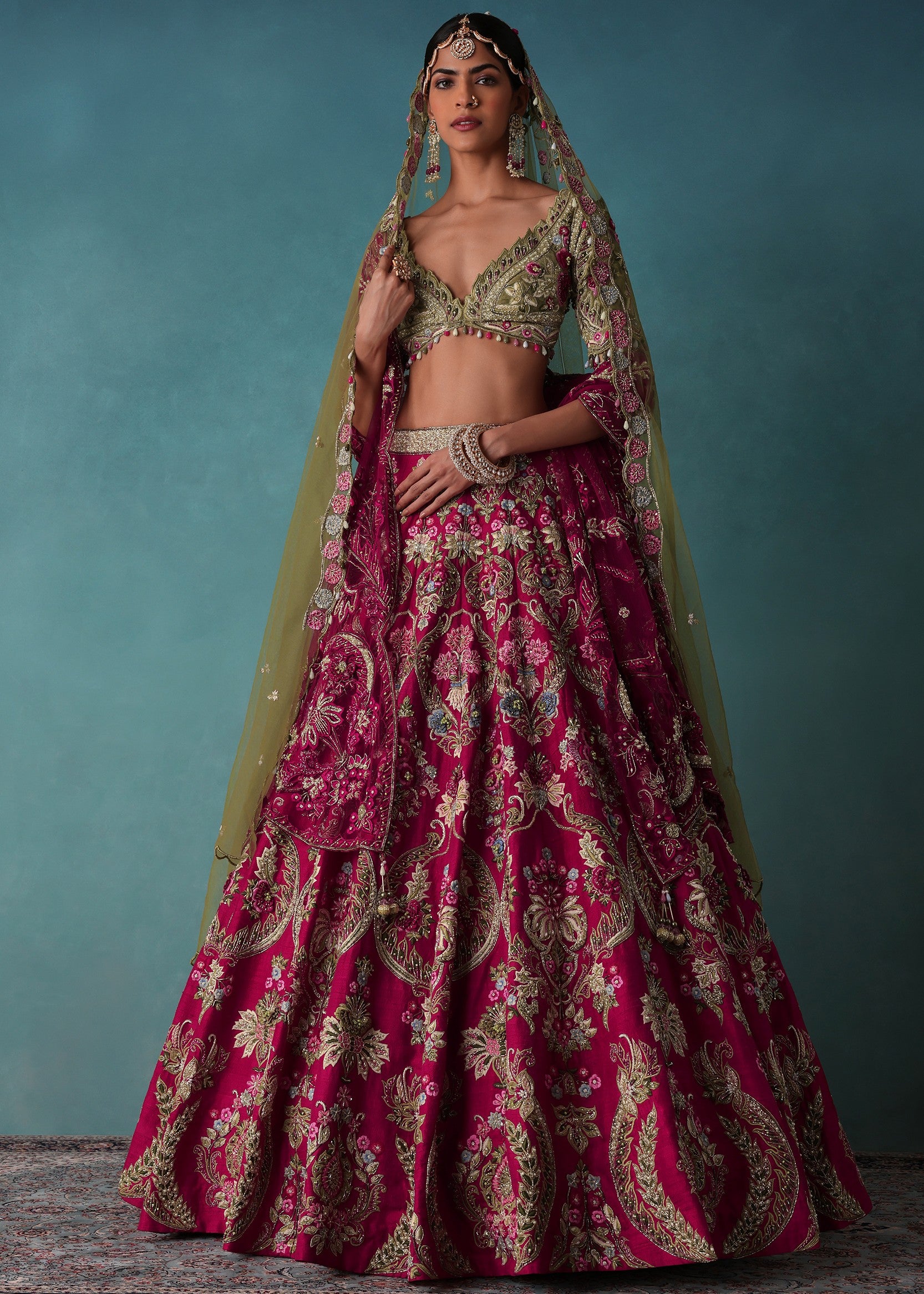 Rhodamine Pink Hand Embroidered Bridal Lehenga Set