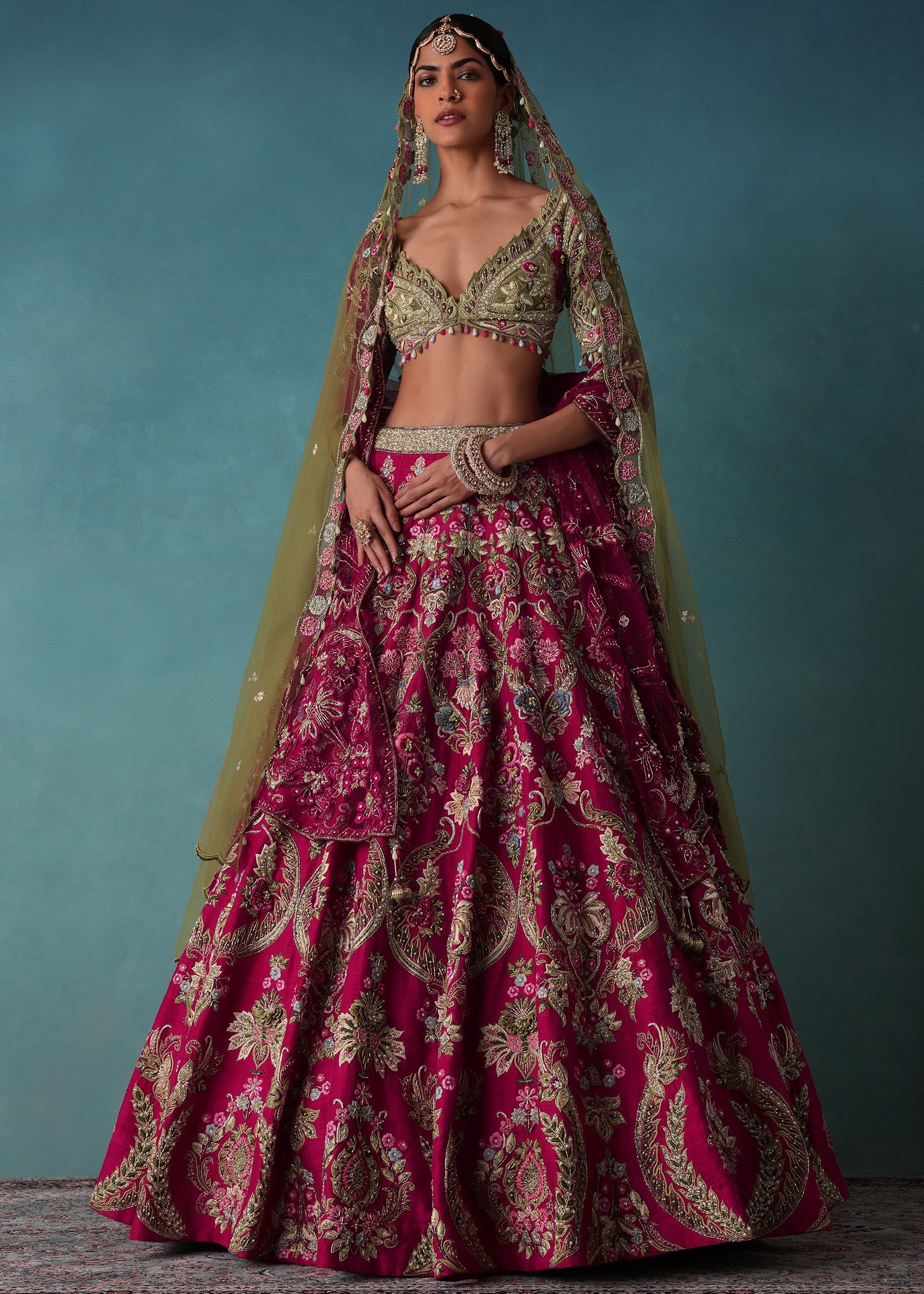 Rhodamine Pink Hand Embroidered Bridal Lehenga Set