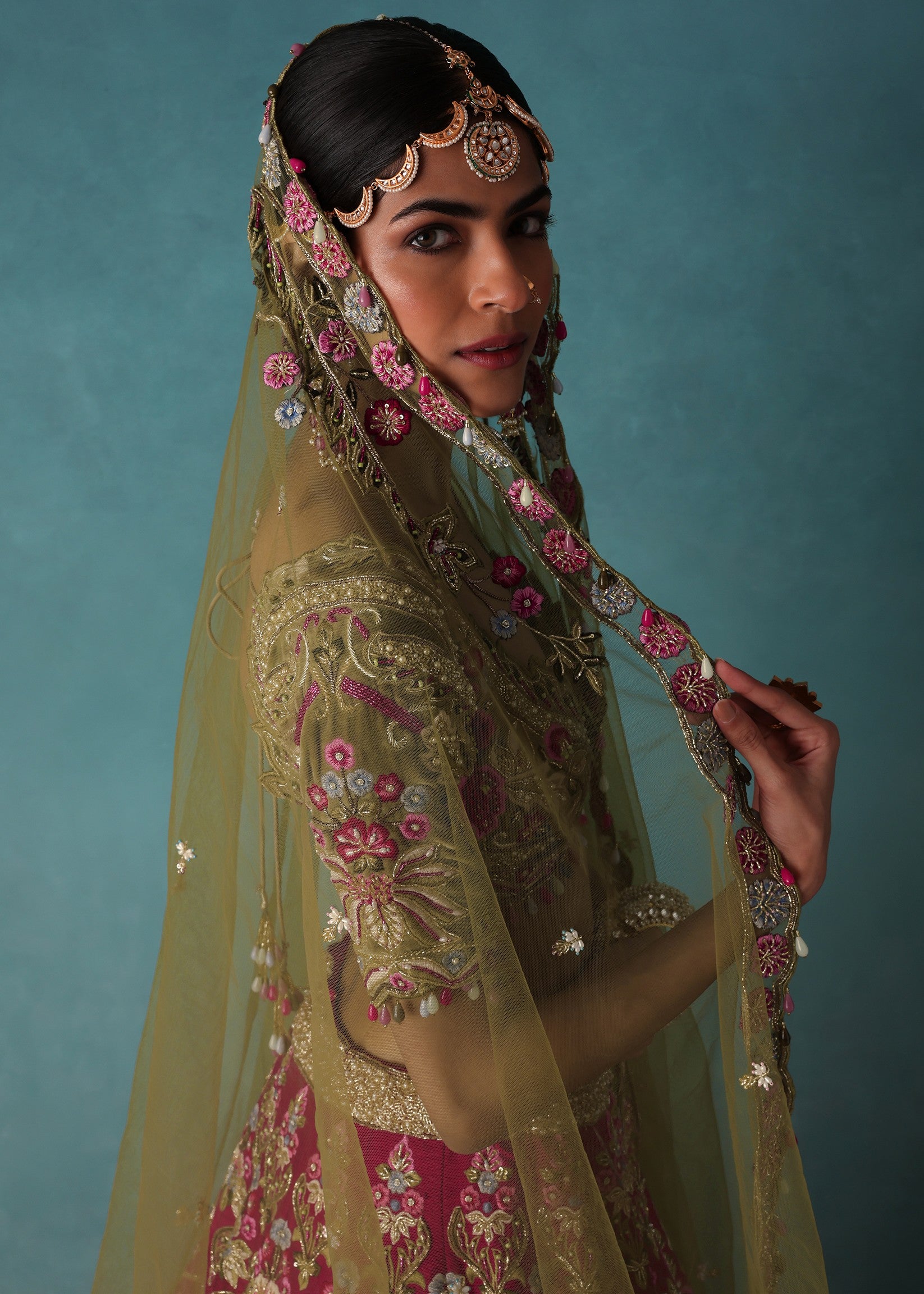 Rhodamine Pink Hand Embroidered Bridal Lehenga Set