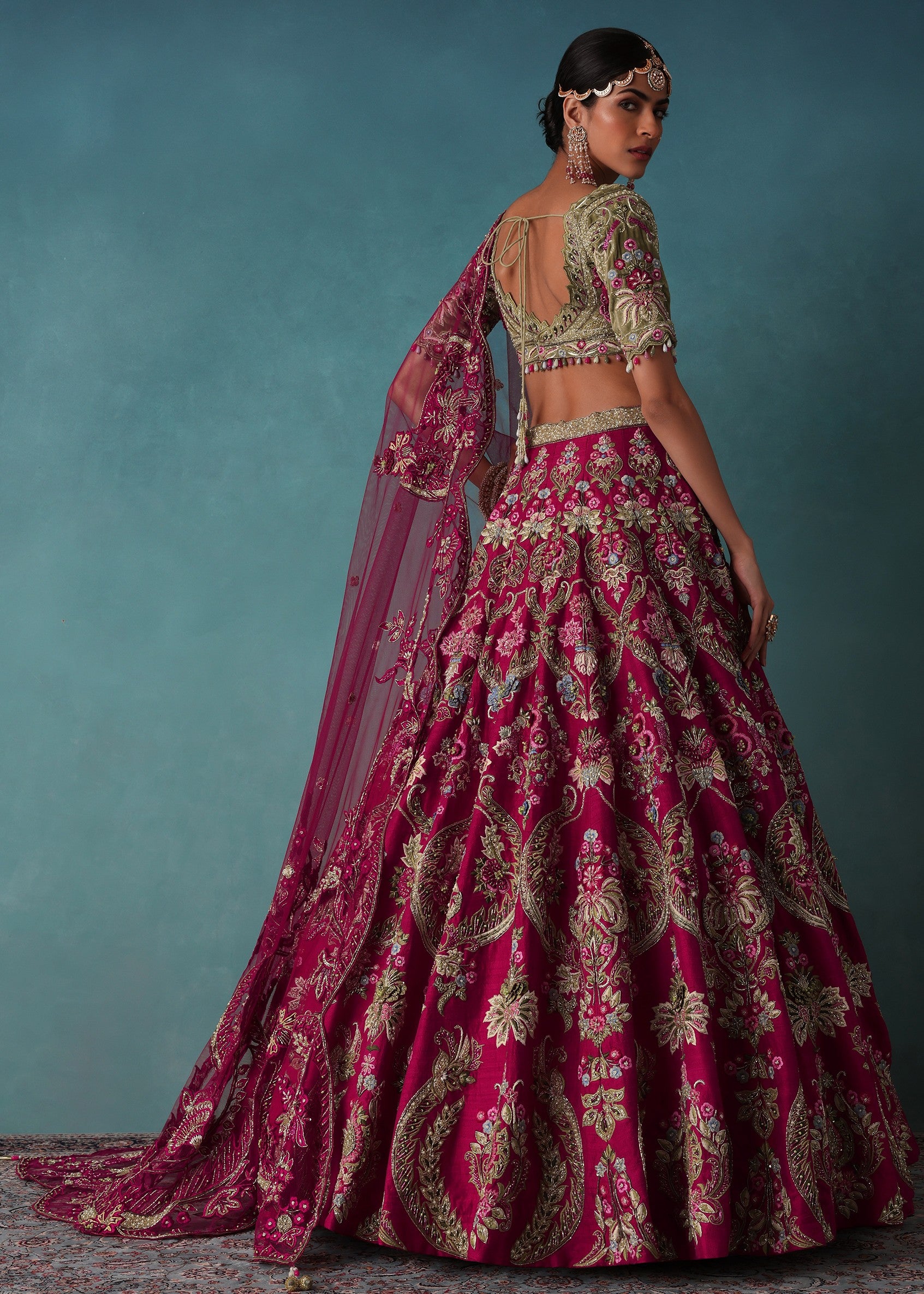 Rhodamine Pink Hand Embroidered Bridal Lehenga Set