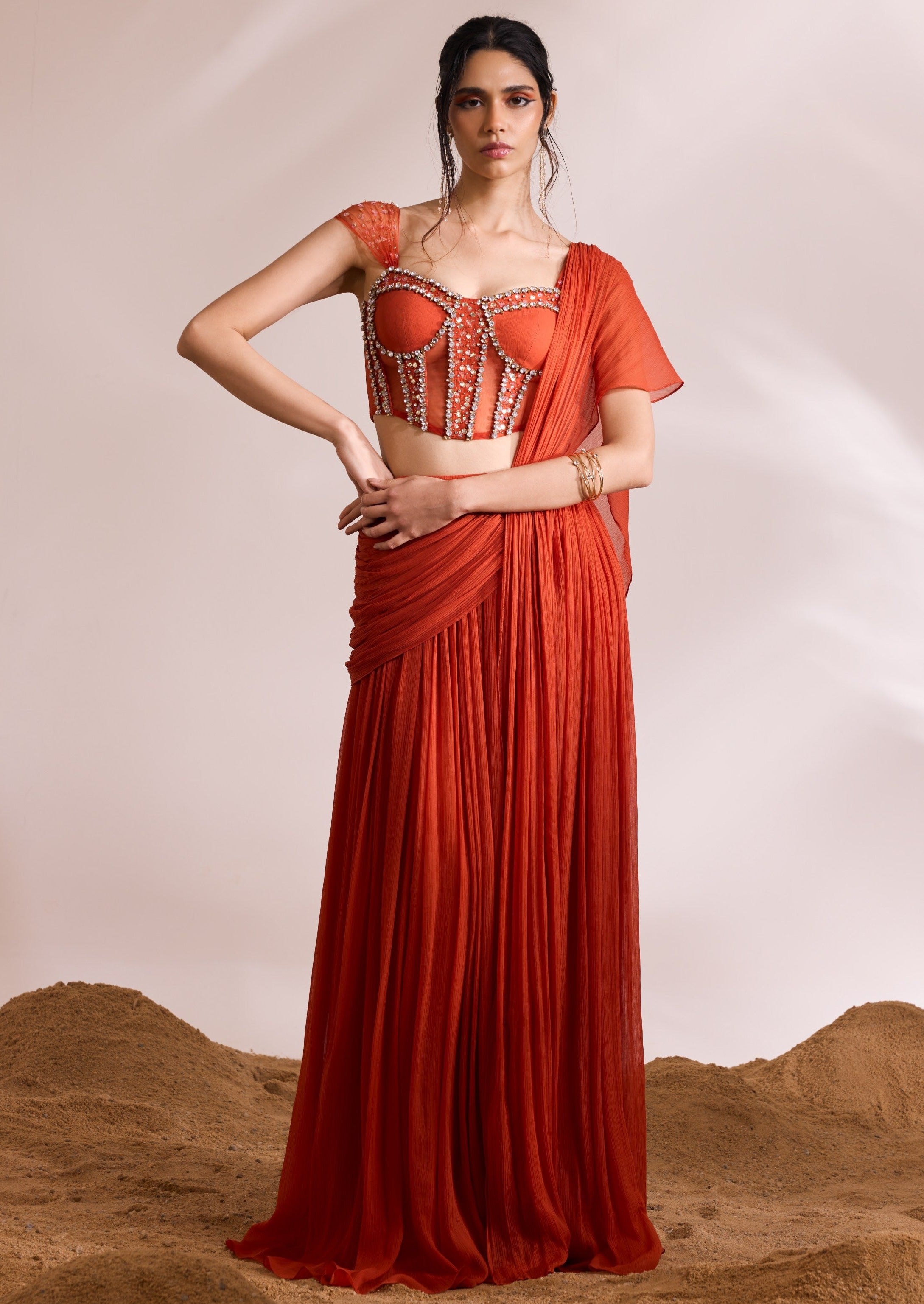 Orange Ignis Draped Sari