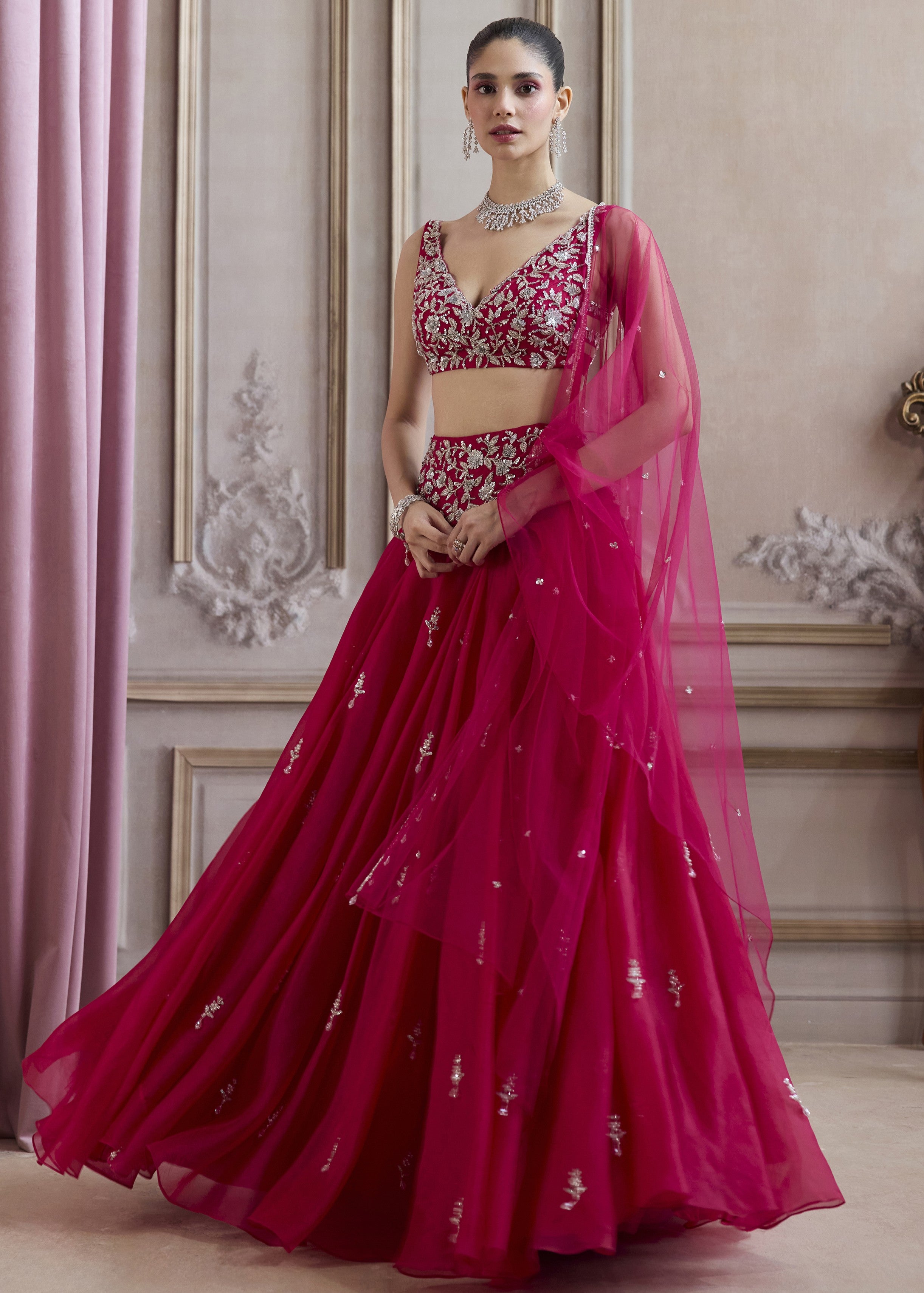 Magenta Organza Lehenga With Embroidered Belt