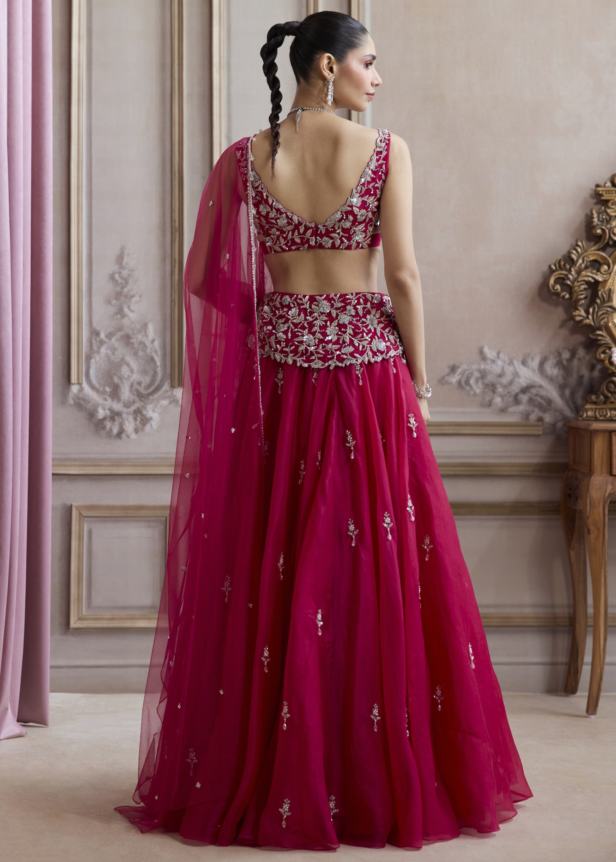 Magenta Organza Lehenga With Embroidered Belt