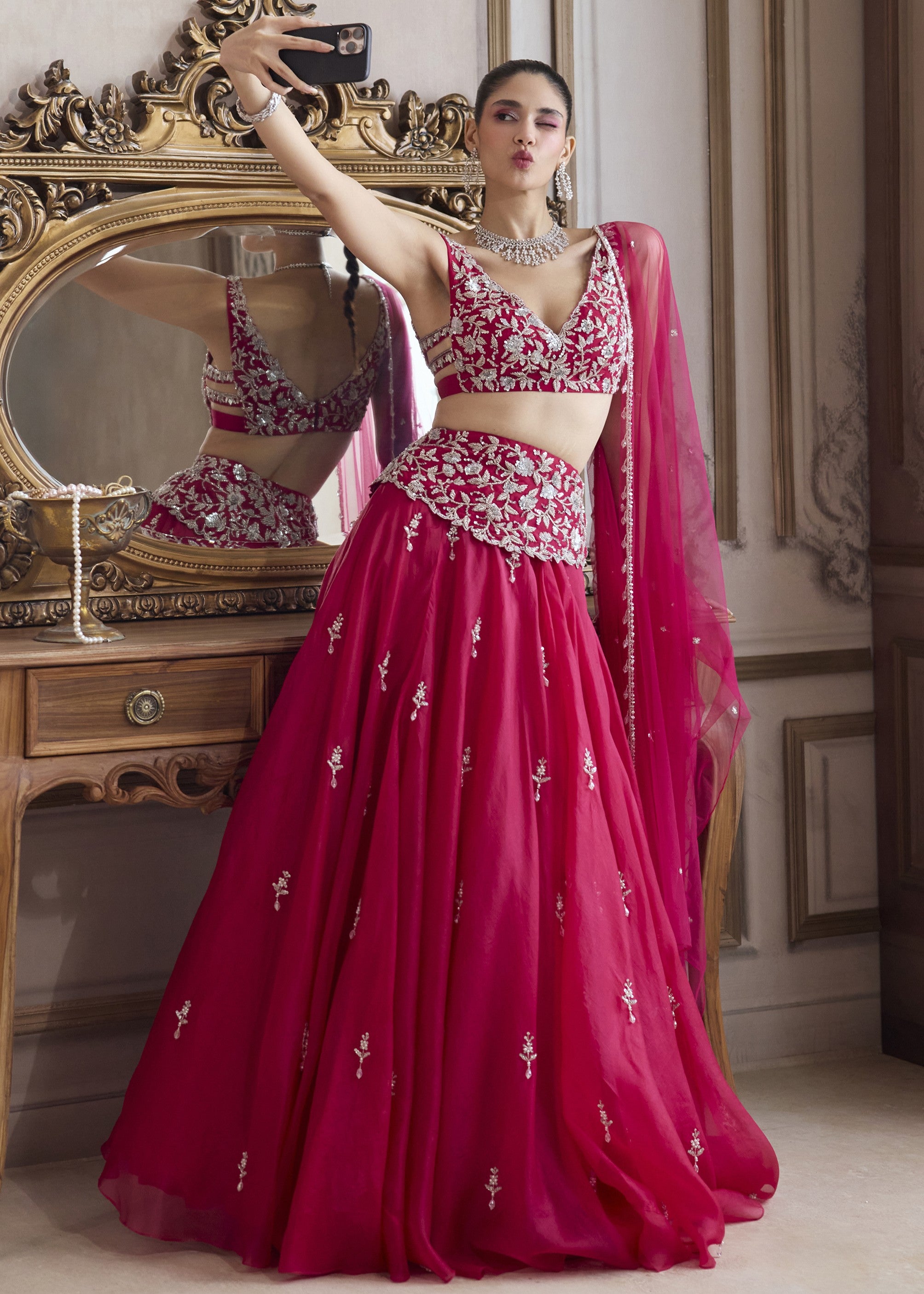 Magenta Organza Lehenga With Embroidered Belt
