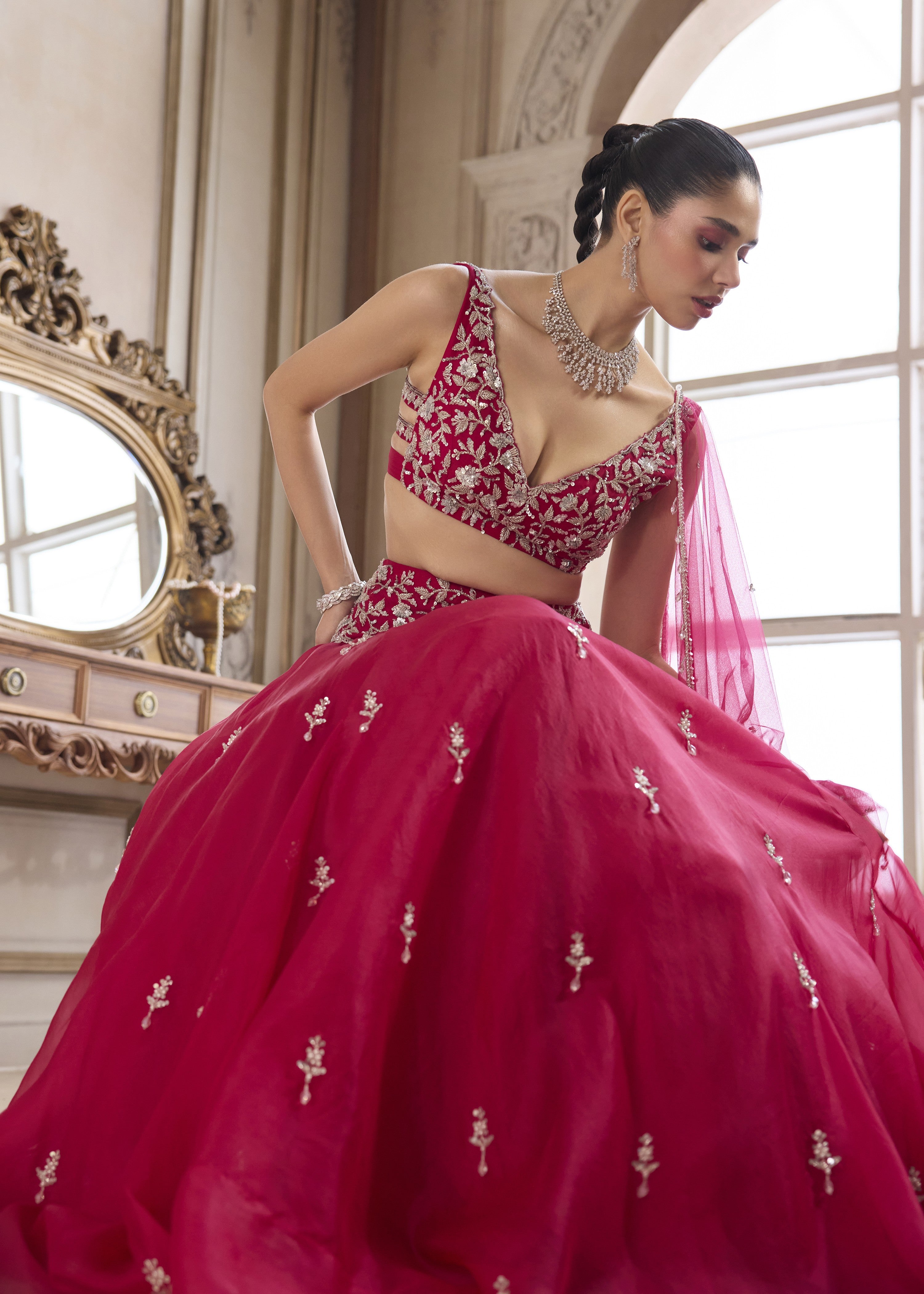 Magenta Organza Lehenga With Embroidered Belt