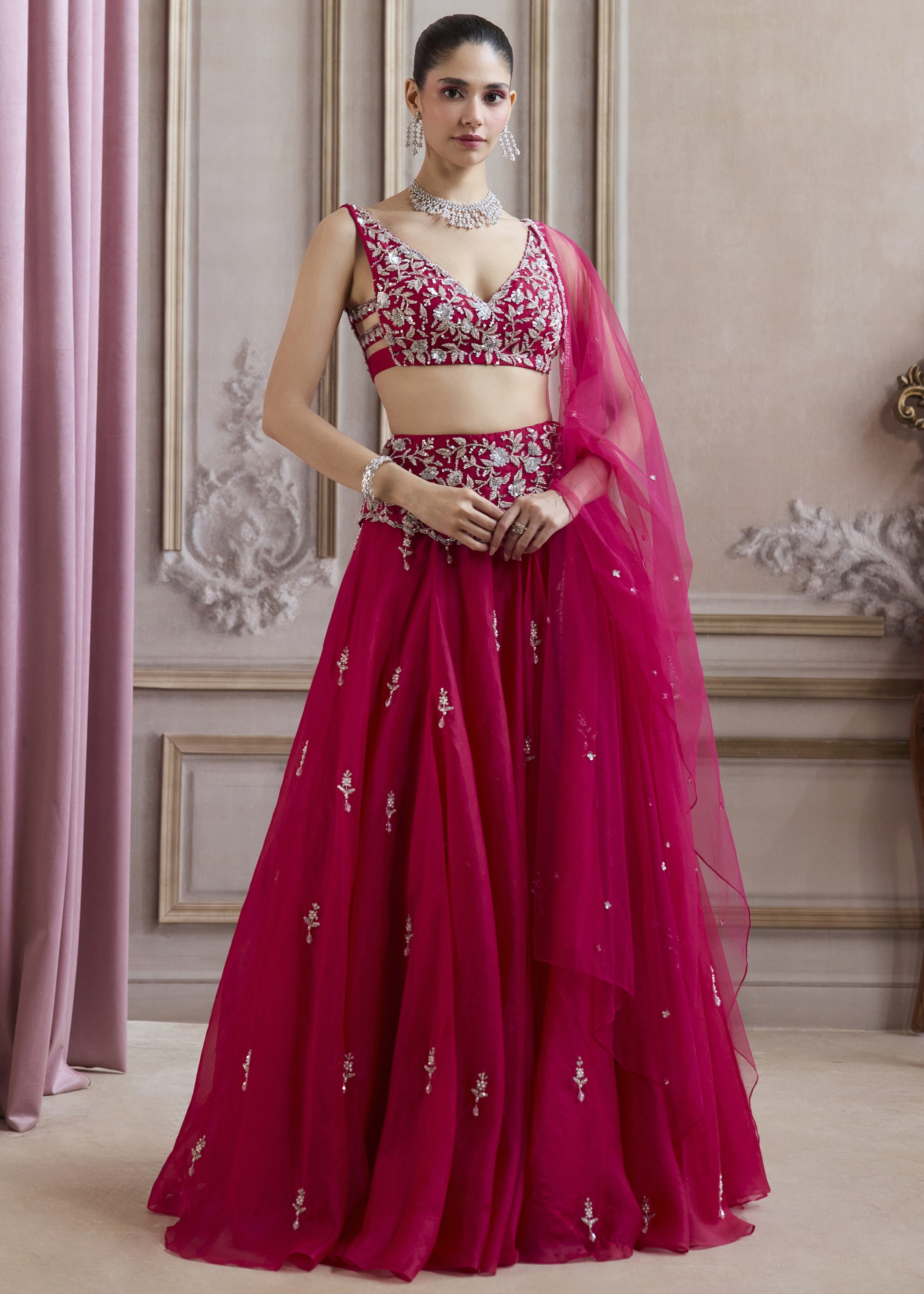 Magenta Organza Lehenga With Embroidered Belt