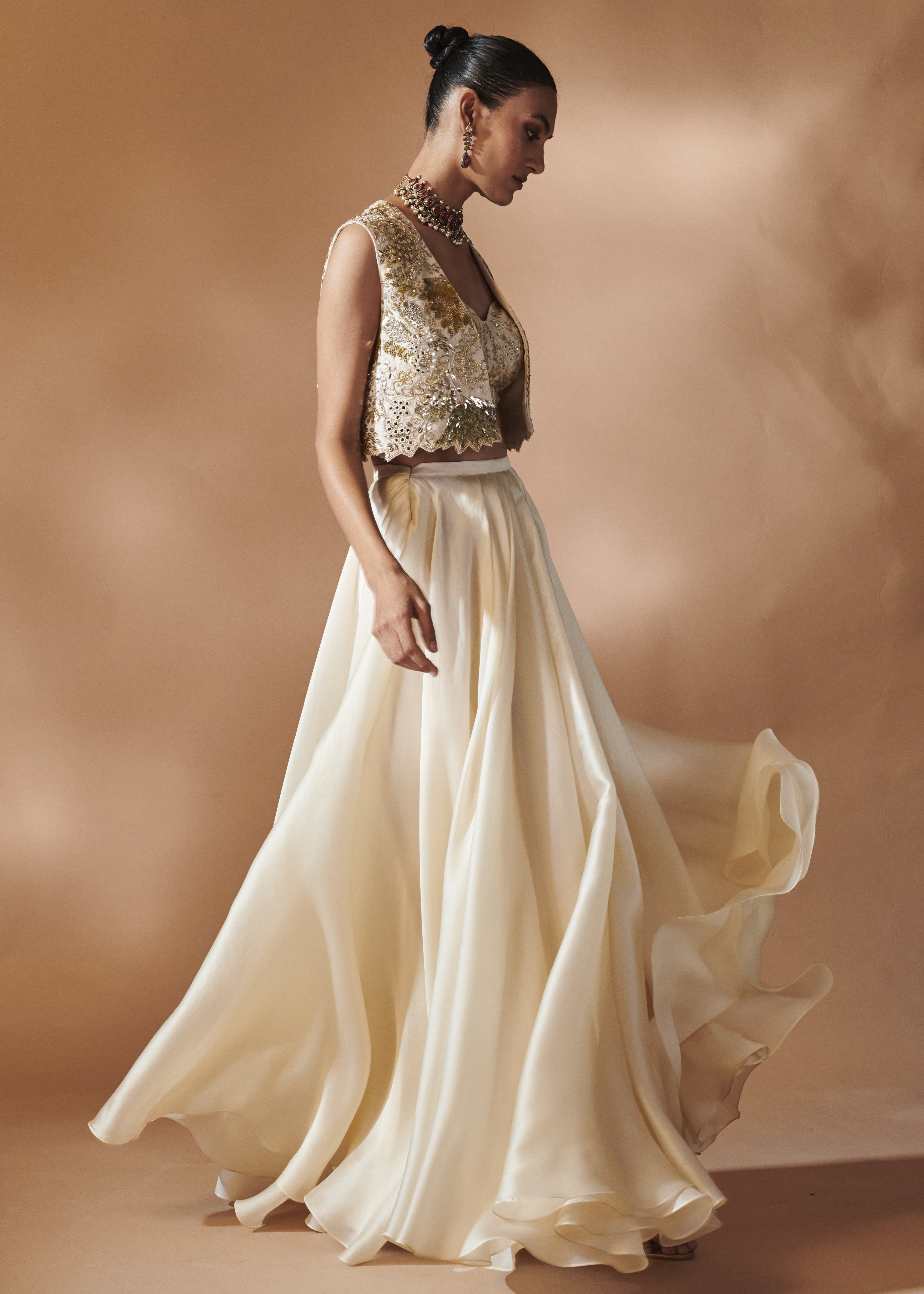 Ivory Organza Skirt With An Embroidered Blouse And Jacket