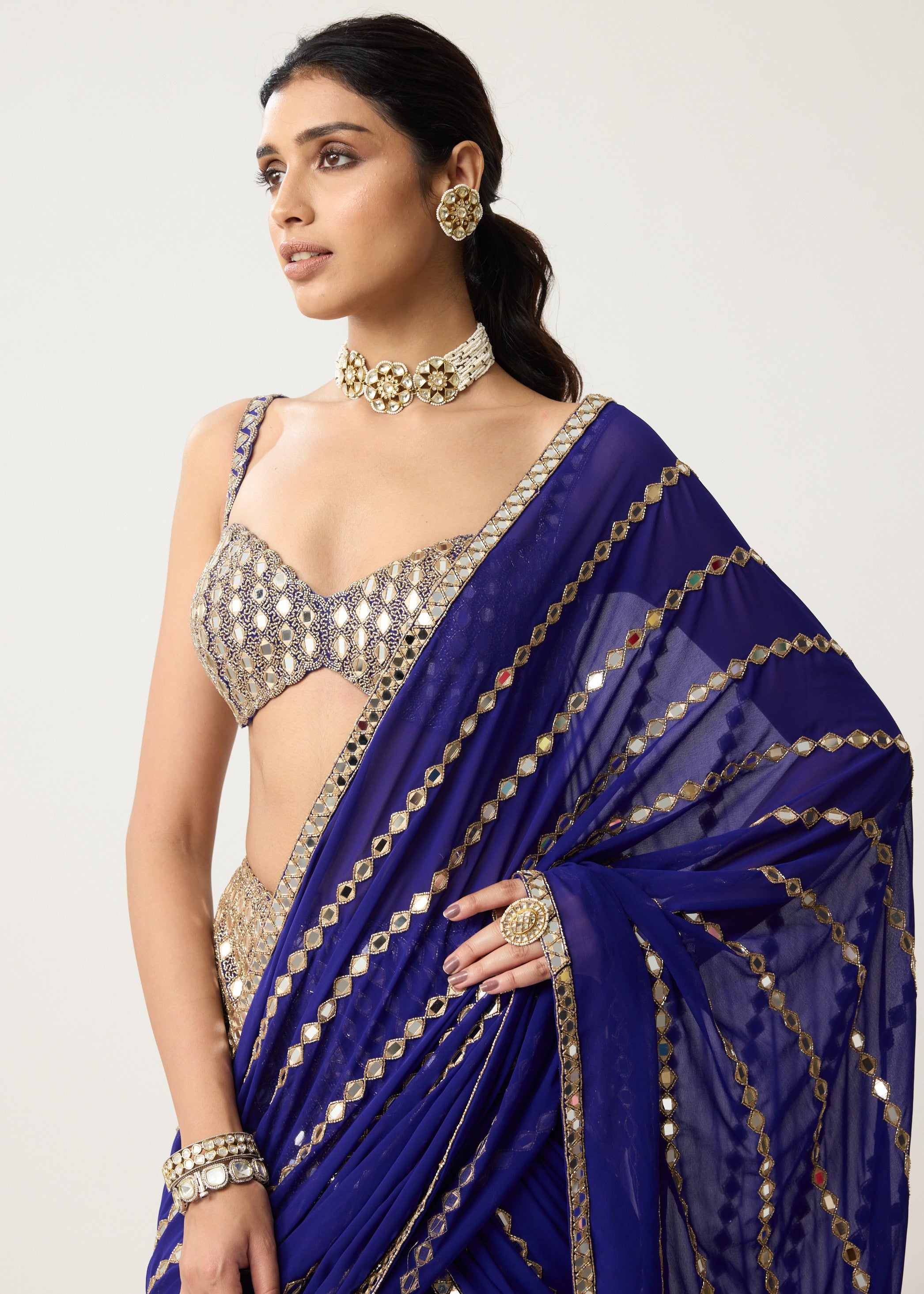 Persian Blue Fitted Linear Mirror Sari Set