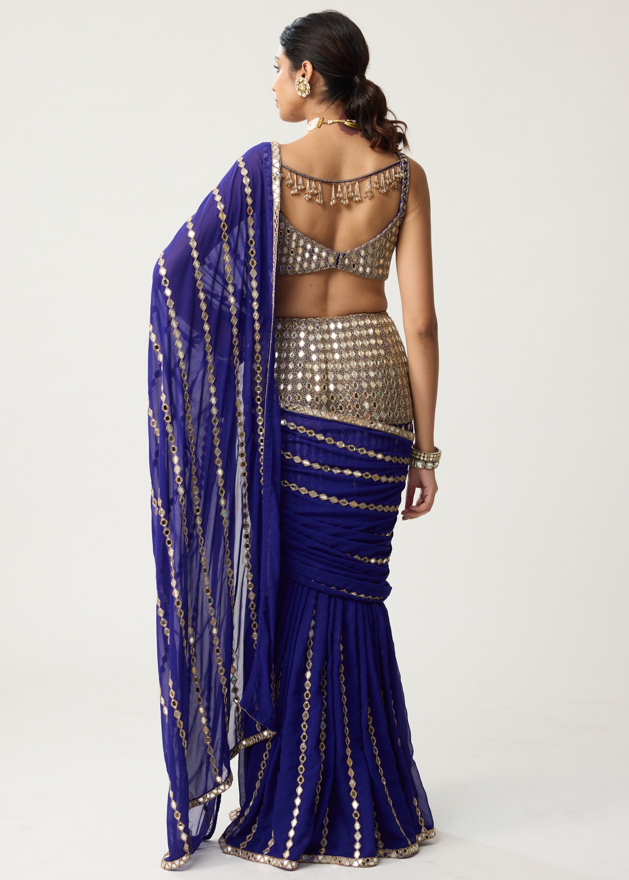 Persian Blue Fitted Linear Mirror Sari Set