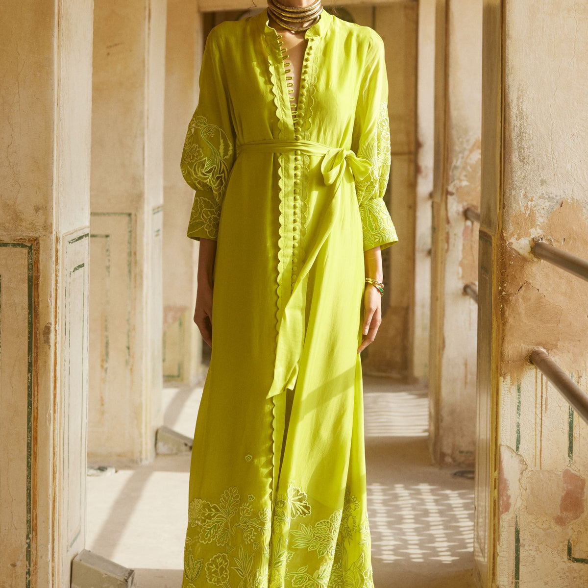 Lemon Yellow Silk Organza Cutwork Maxi Dress XL / Yellow