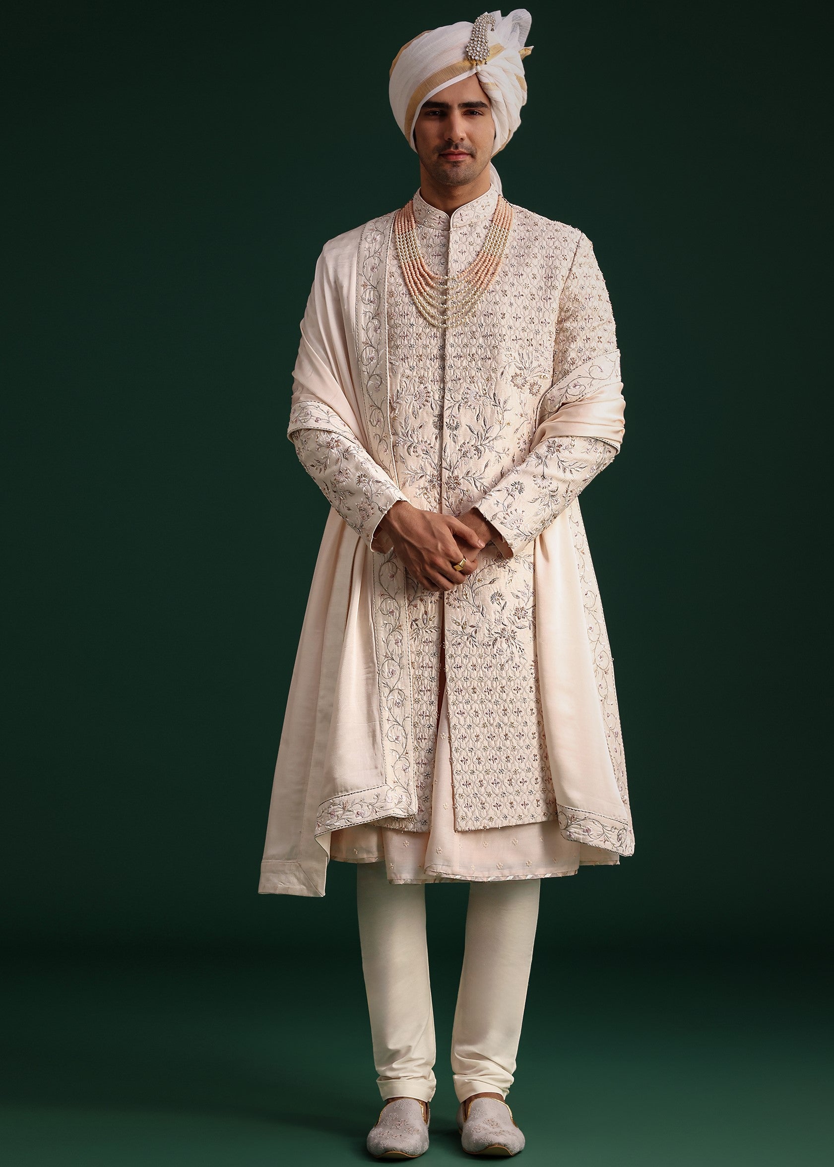 Peach Silk Zari Embroidered Sherwani Set