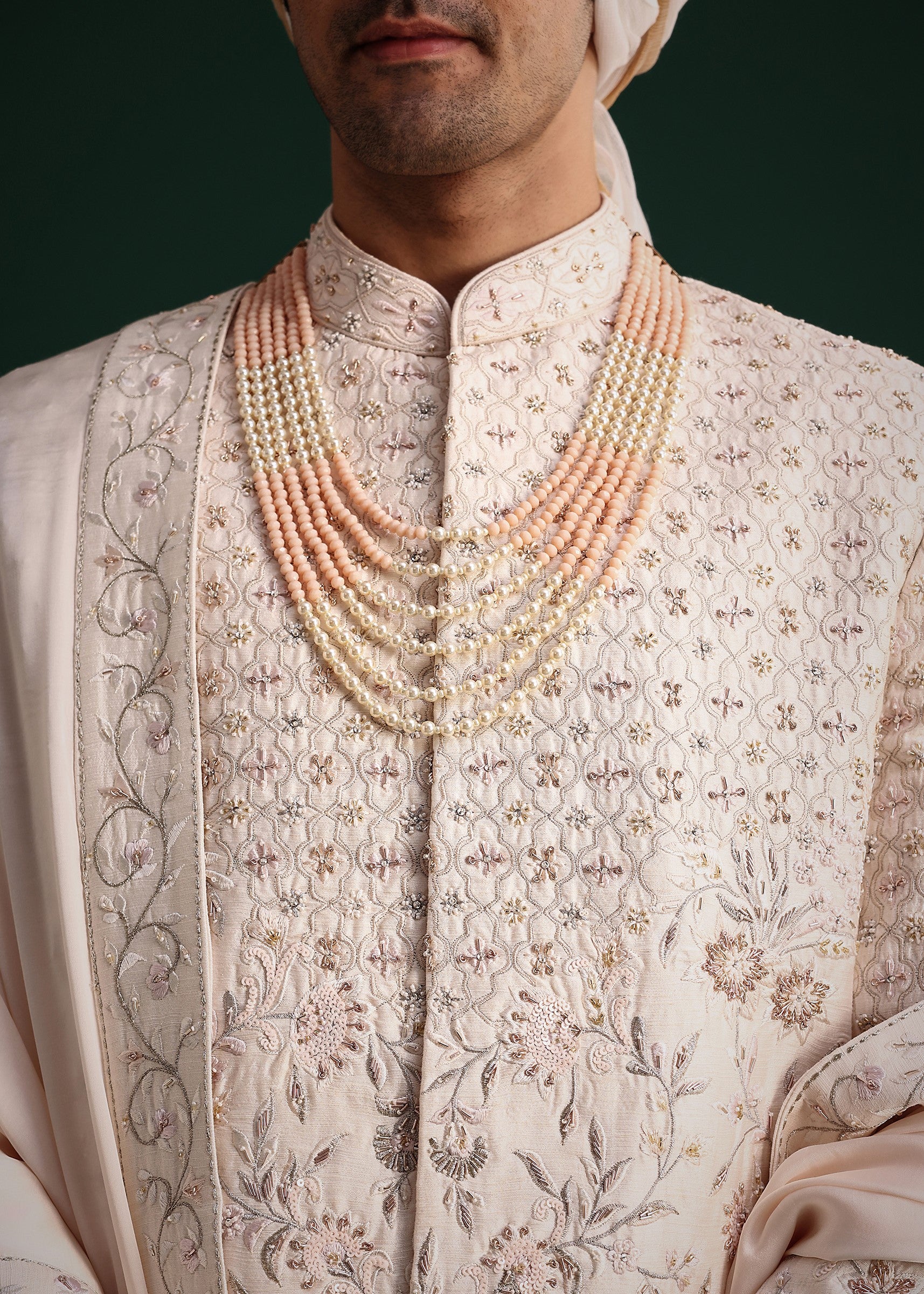 Peach Silk Zari Embroidered Sherwani Set