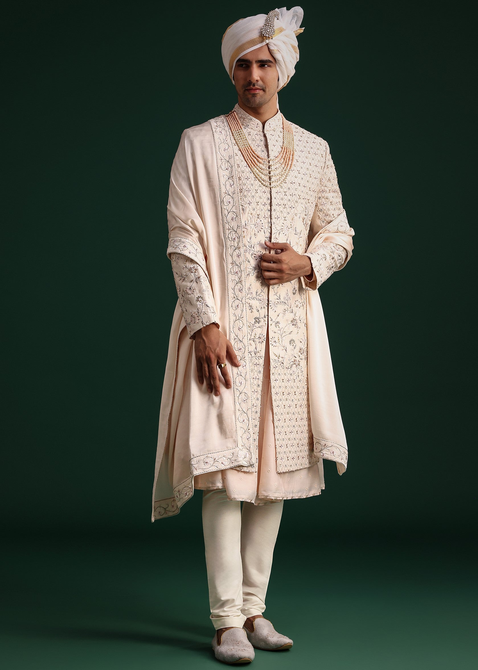 Peach Silk Zari Embroidered Sherwani Set