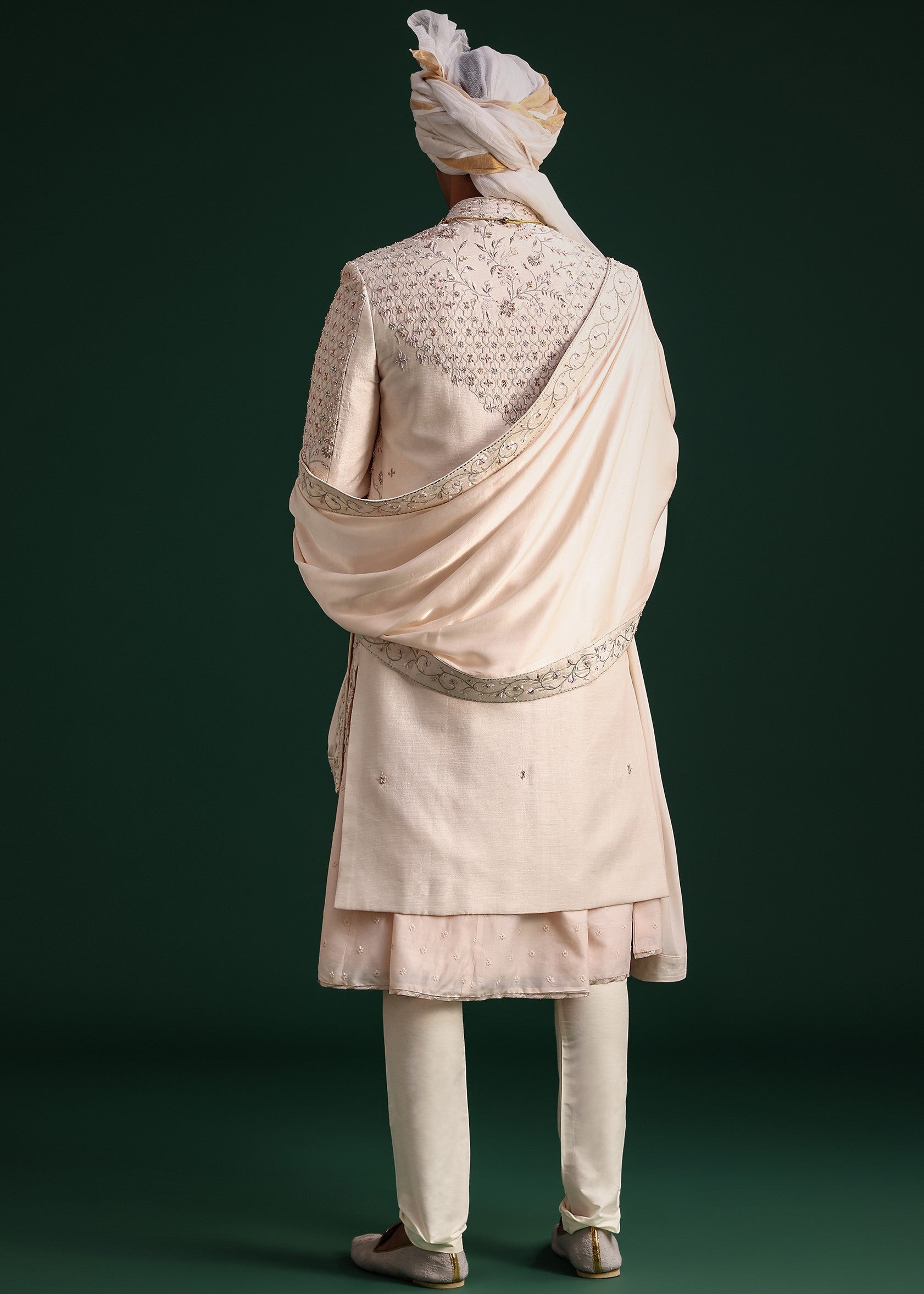 Peach Silk Zari Embroidered Sherwani Set