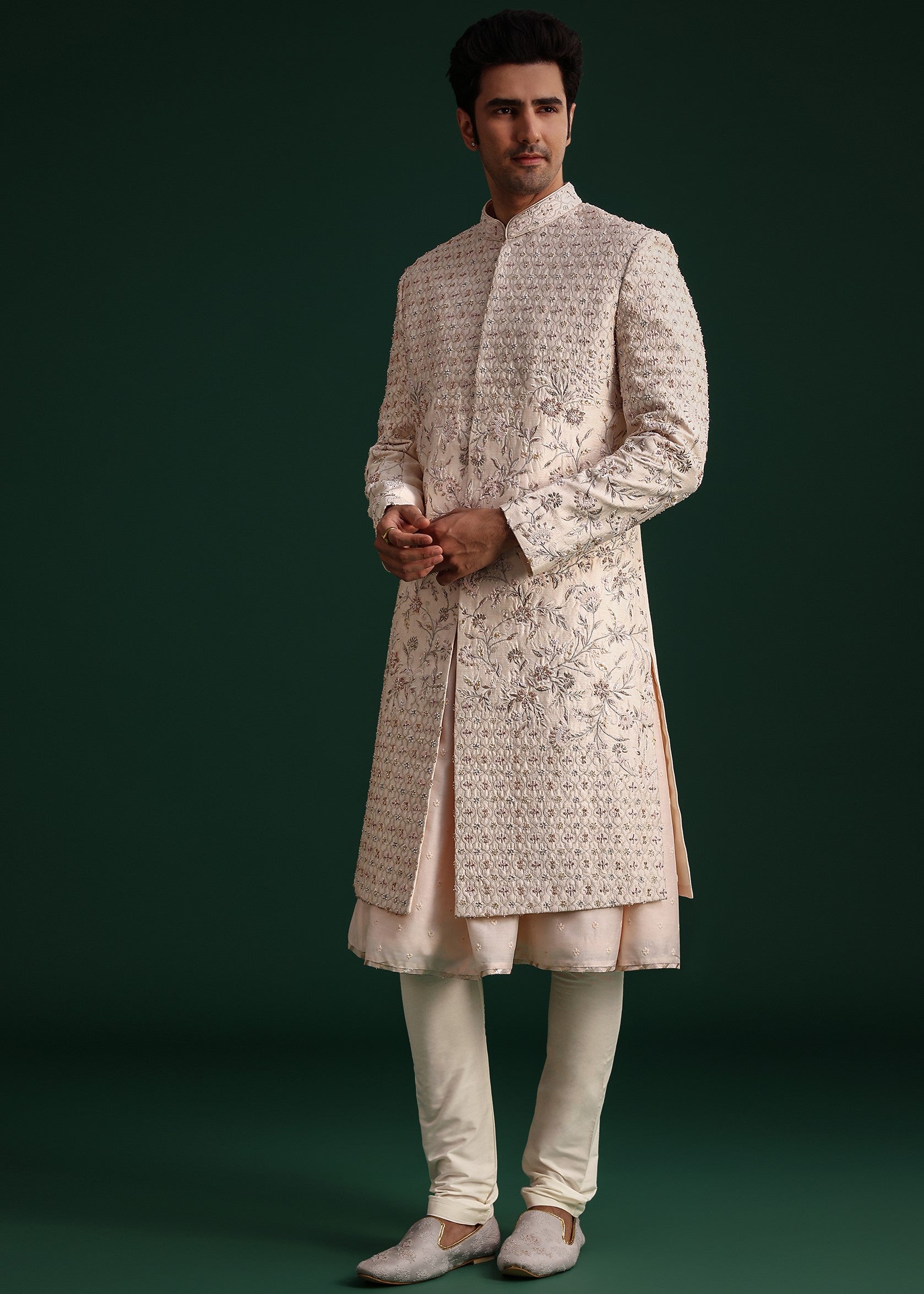 Peach Silk Zari Embroidered Sherwani Set