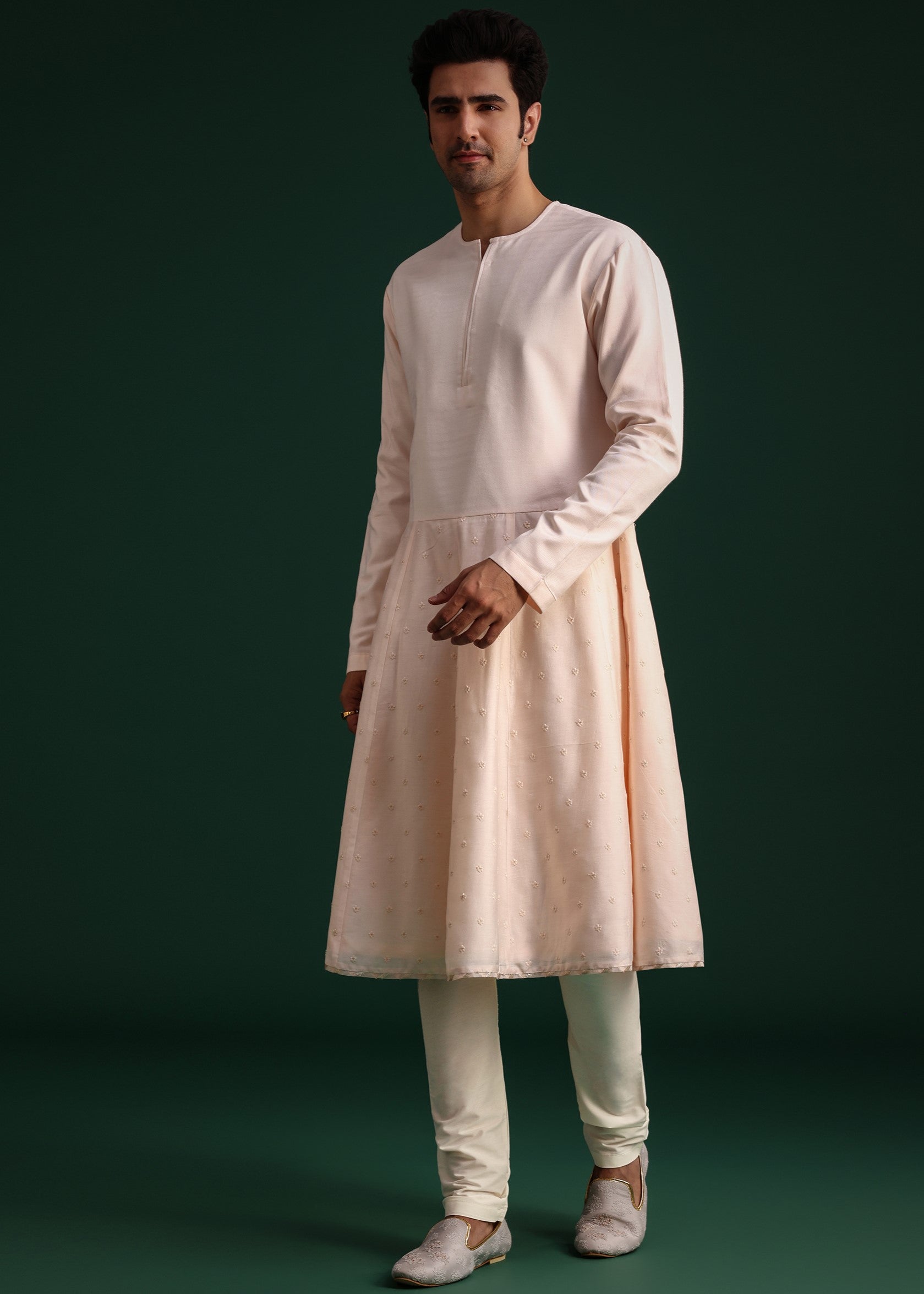 Peach Silk Zari Embroidered Sherwani Set
