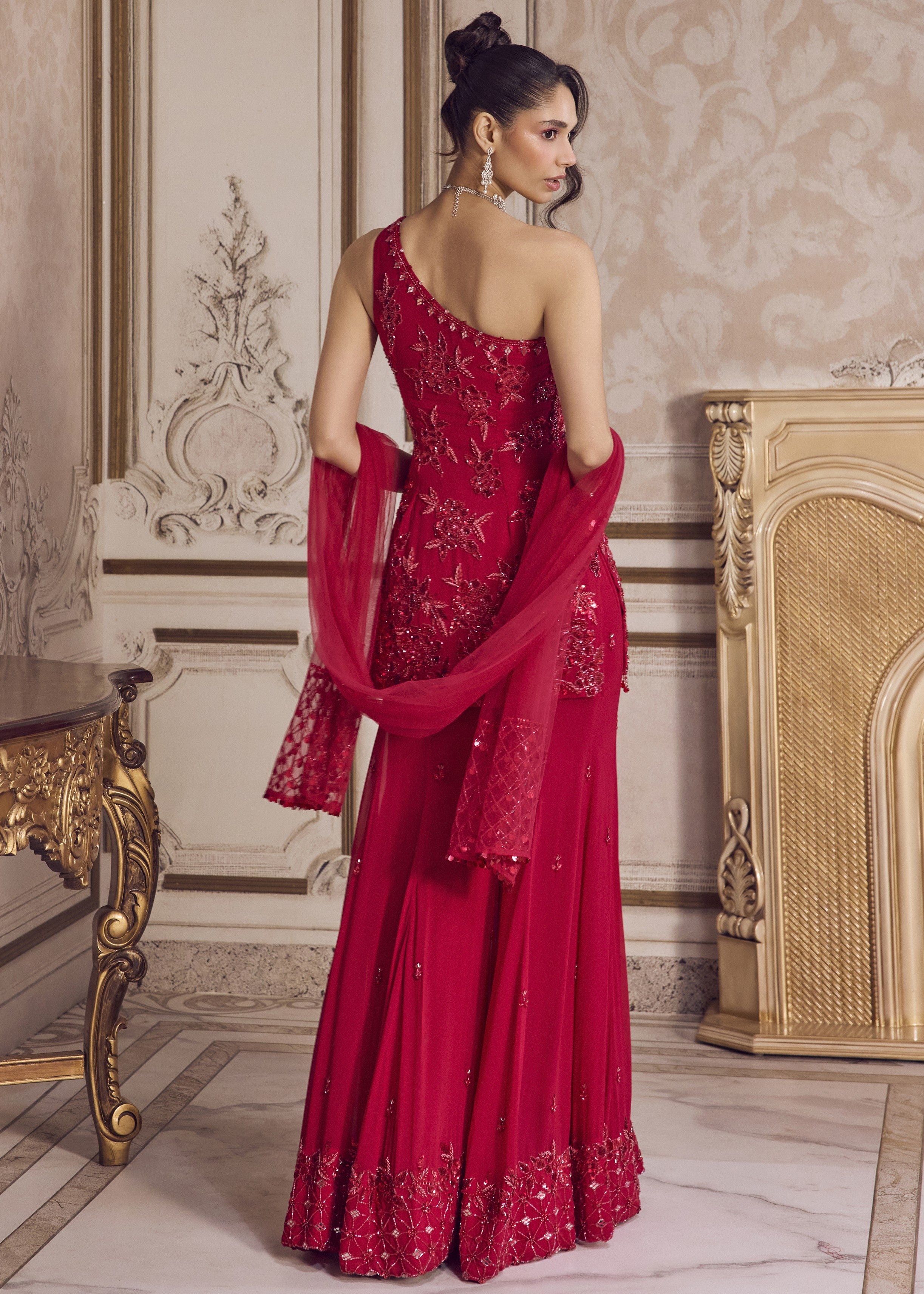 Magenta One Shoulder Kurta And Pants