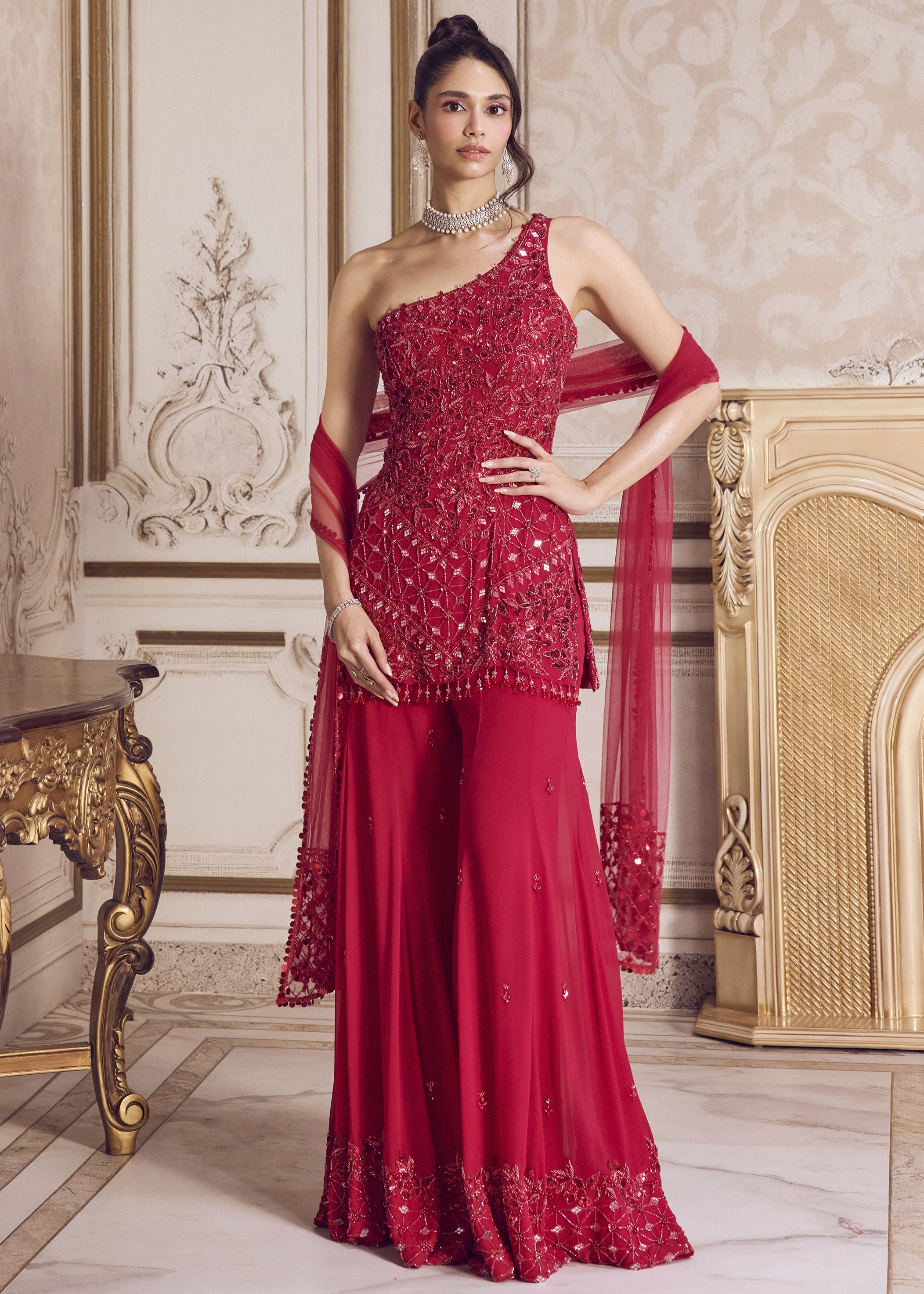 Magenta One Shoulder Kurta And Pants