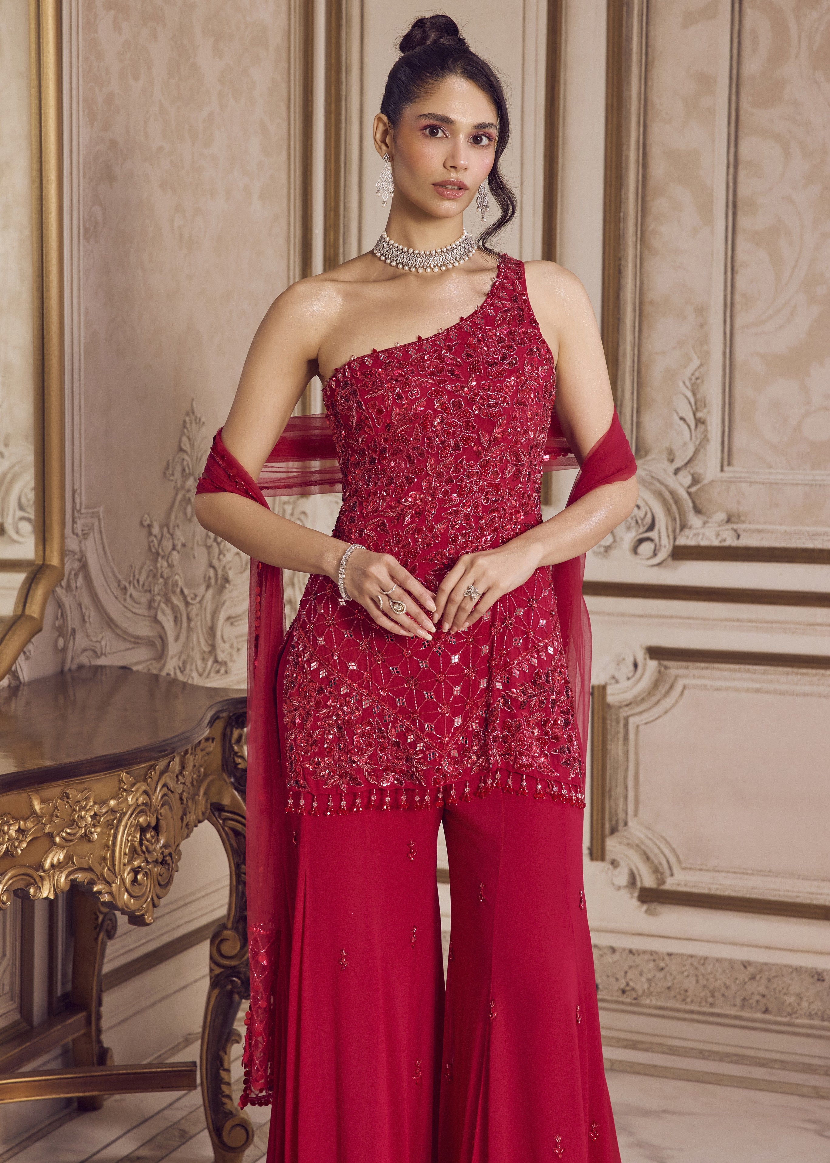 Magenta One Shoulder Kurta And Pants