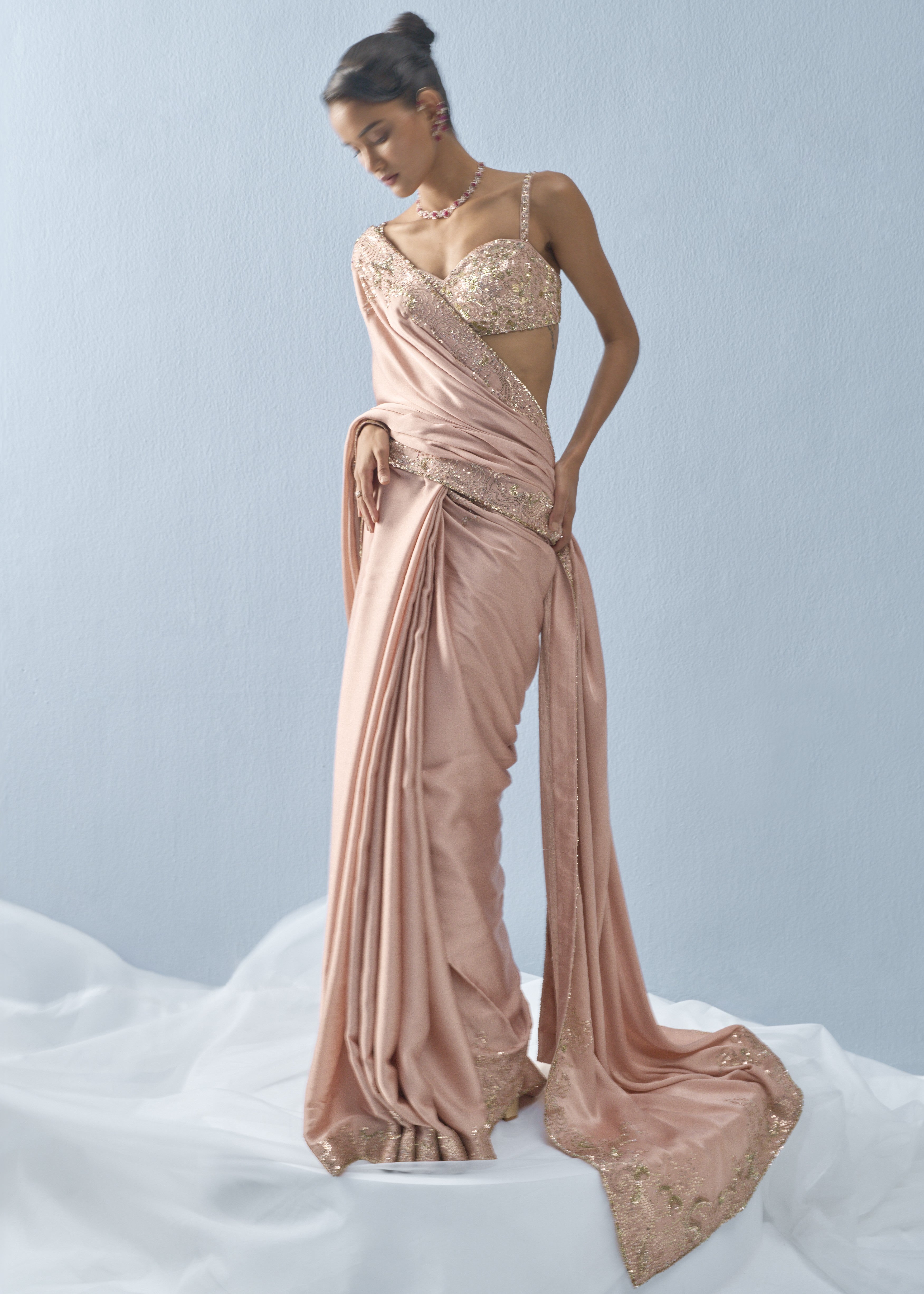 Nude Pink Satin Sari Set