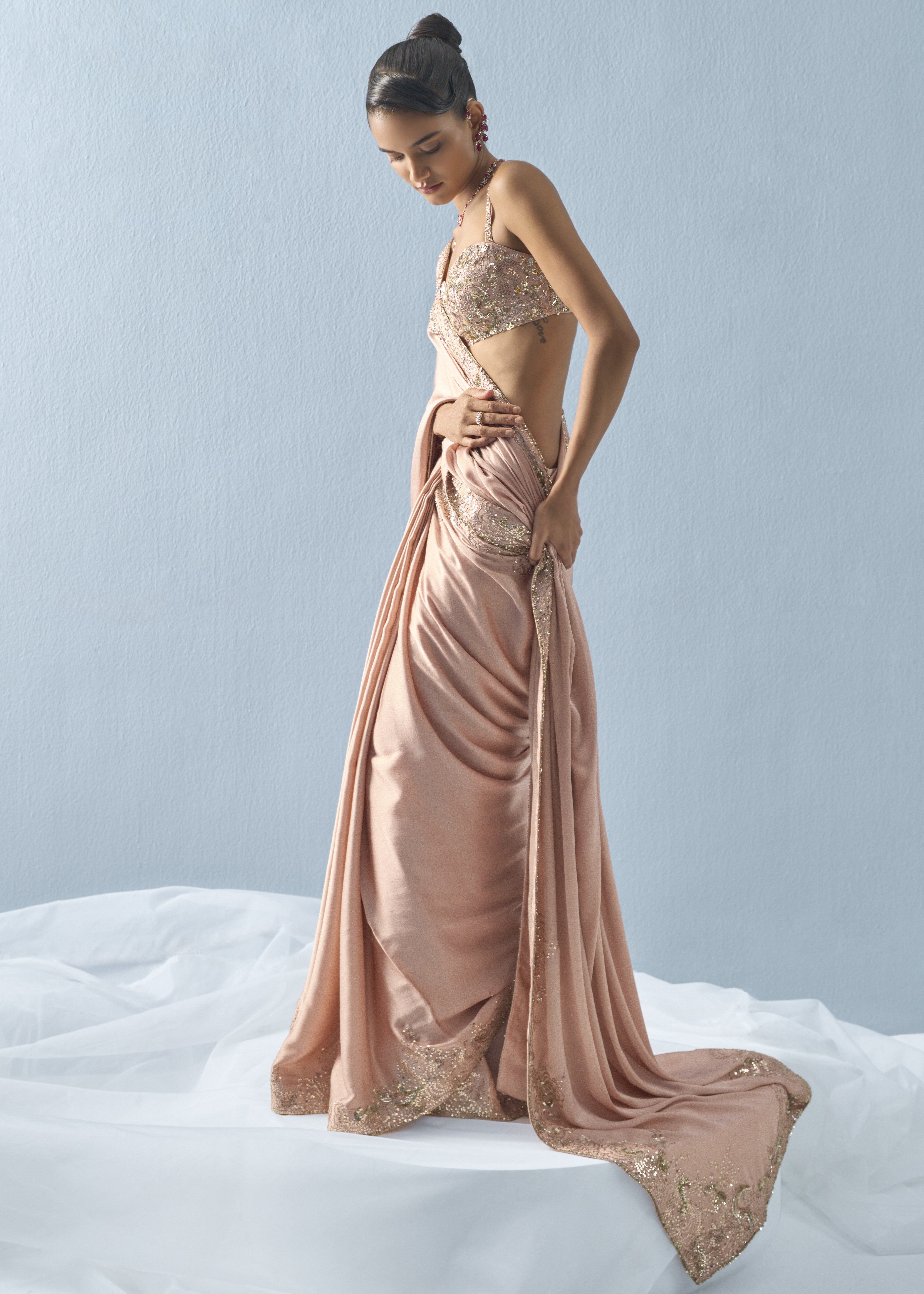 Nude Pink Satin Sari Set