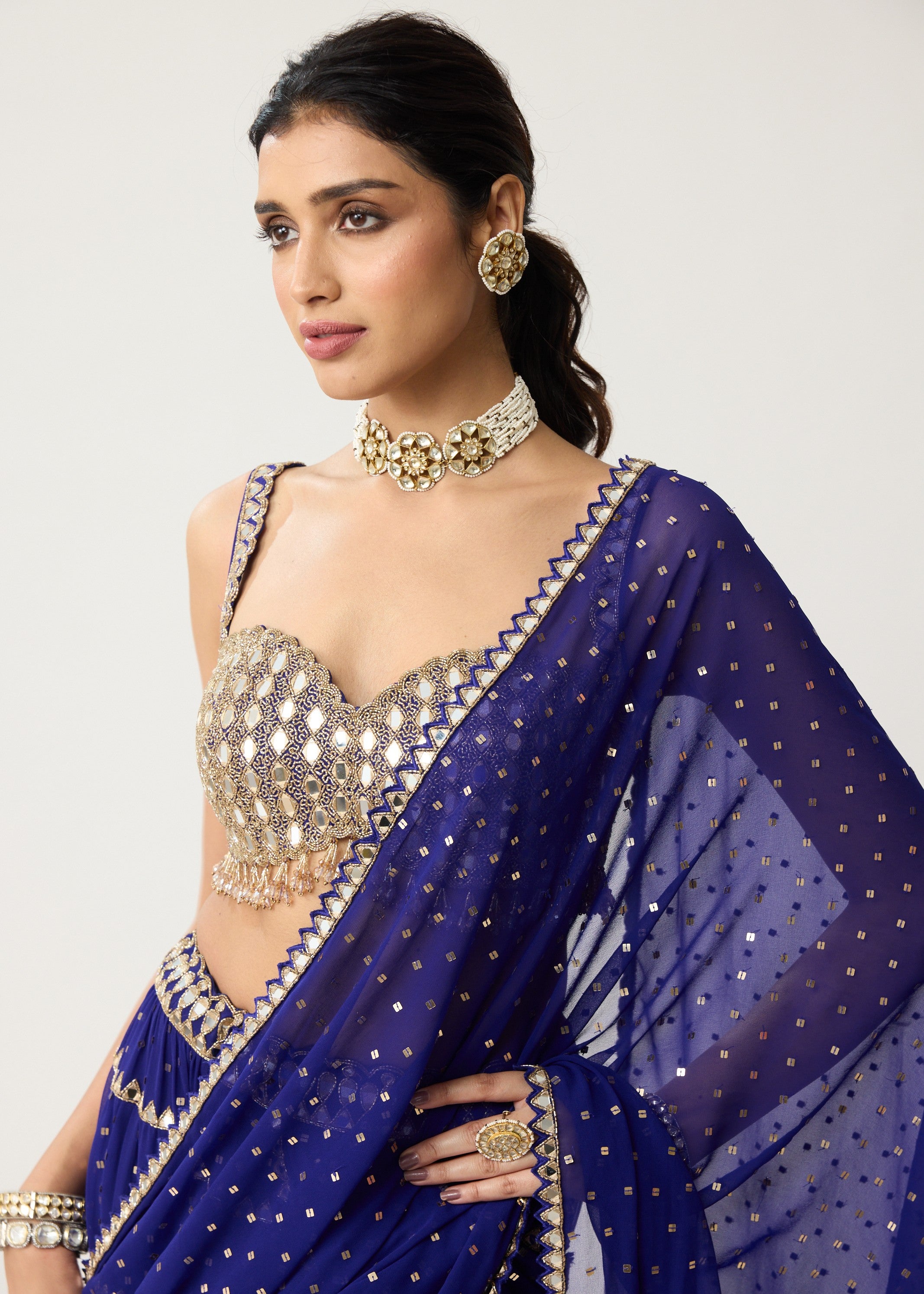 Persian Blue Multi-tier Mirror Sari Set
