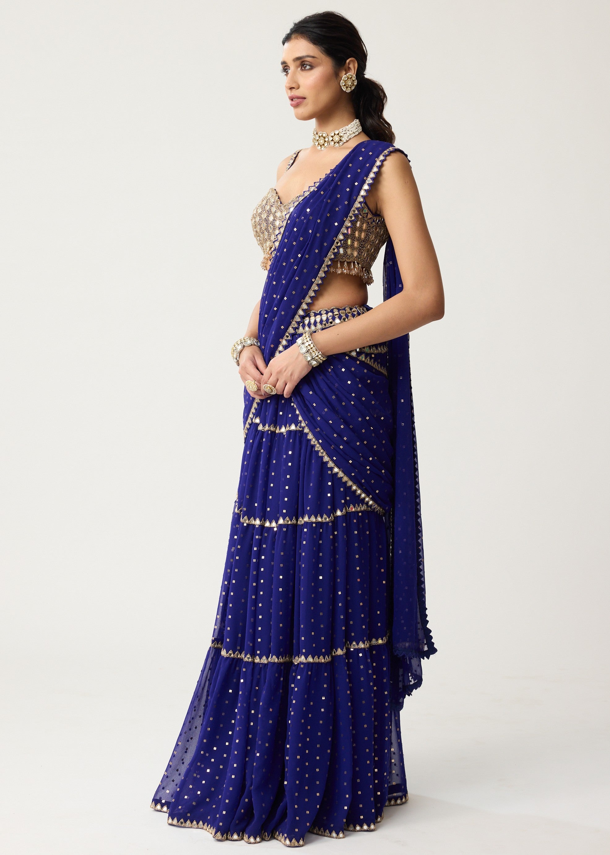 Persian Blue Multi-tier Mirror Sari Set