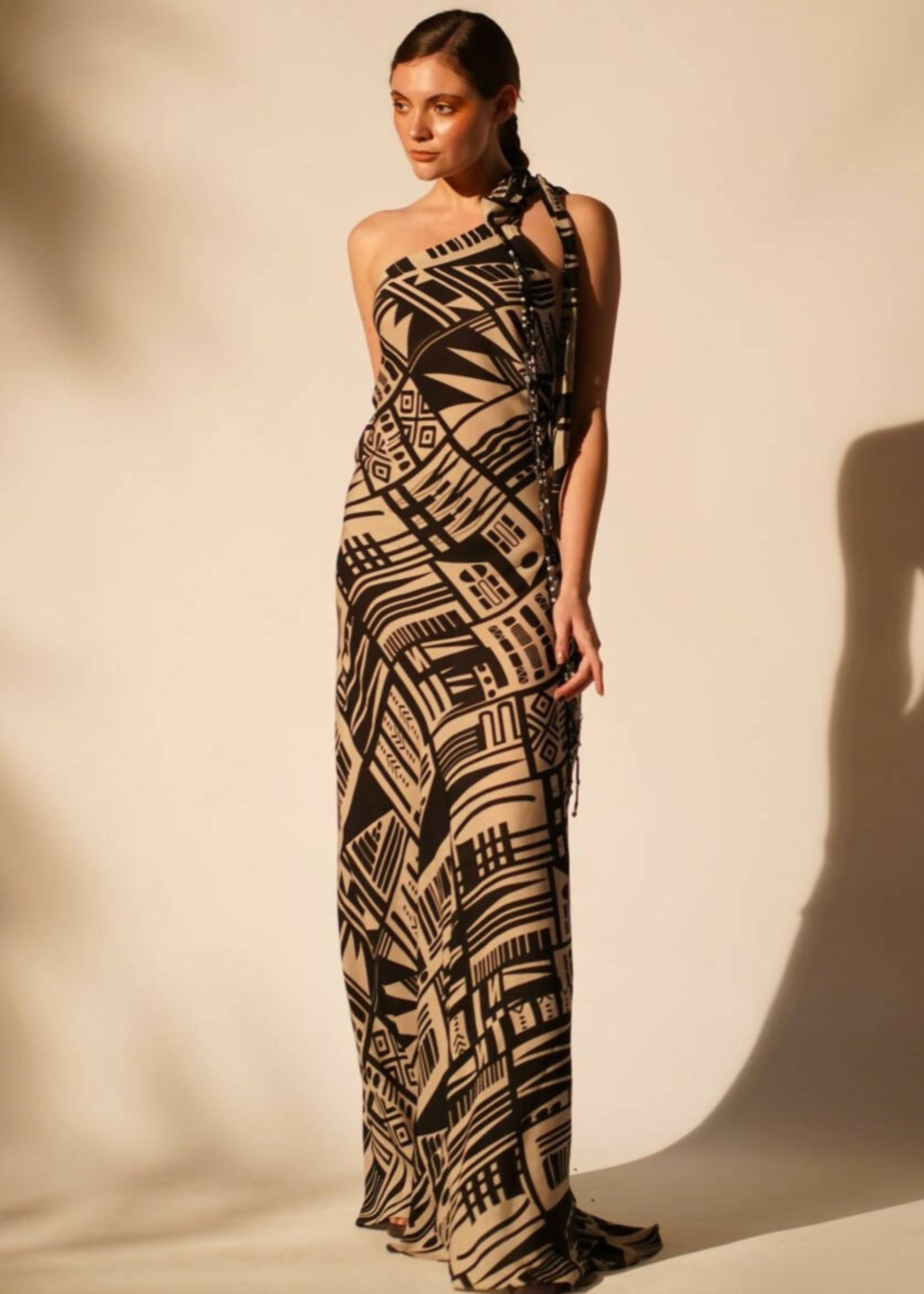 Abstract Print One Shoulder Maxi Dress