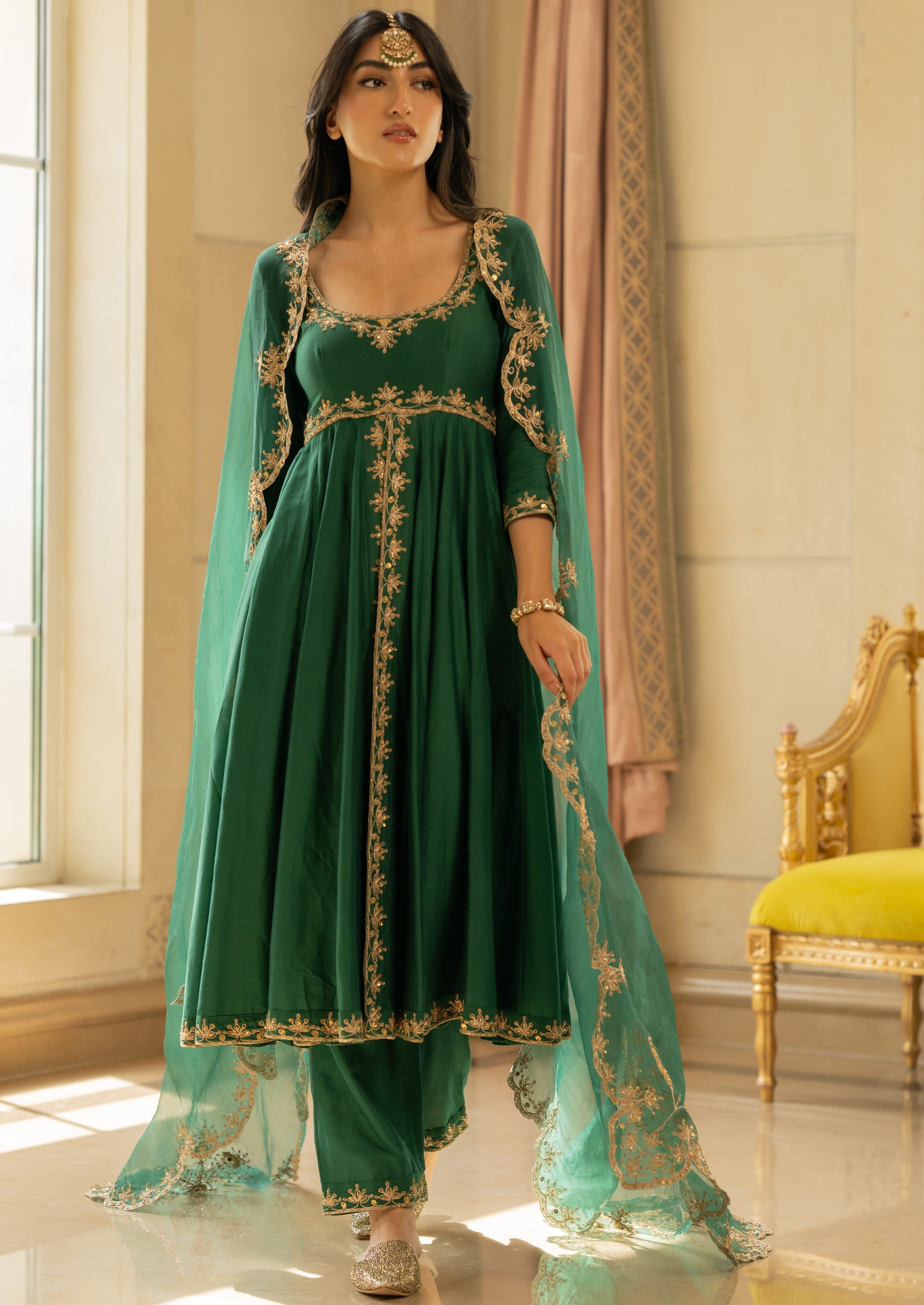 Emerald Green Chiniya Silk Anarkali Set - Emerald Green / XS Emerald Green Chiniya Silk Anarkali Set - Emerald Green / XS