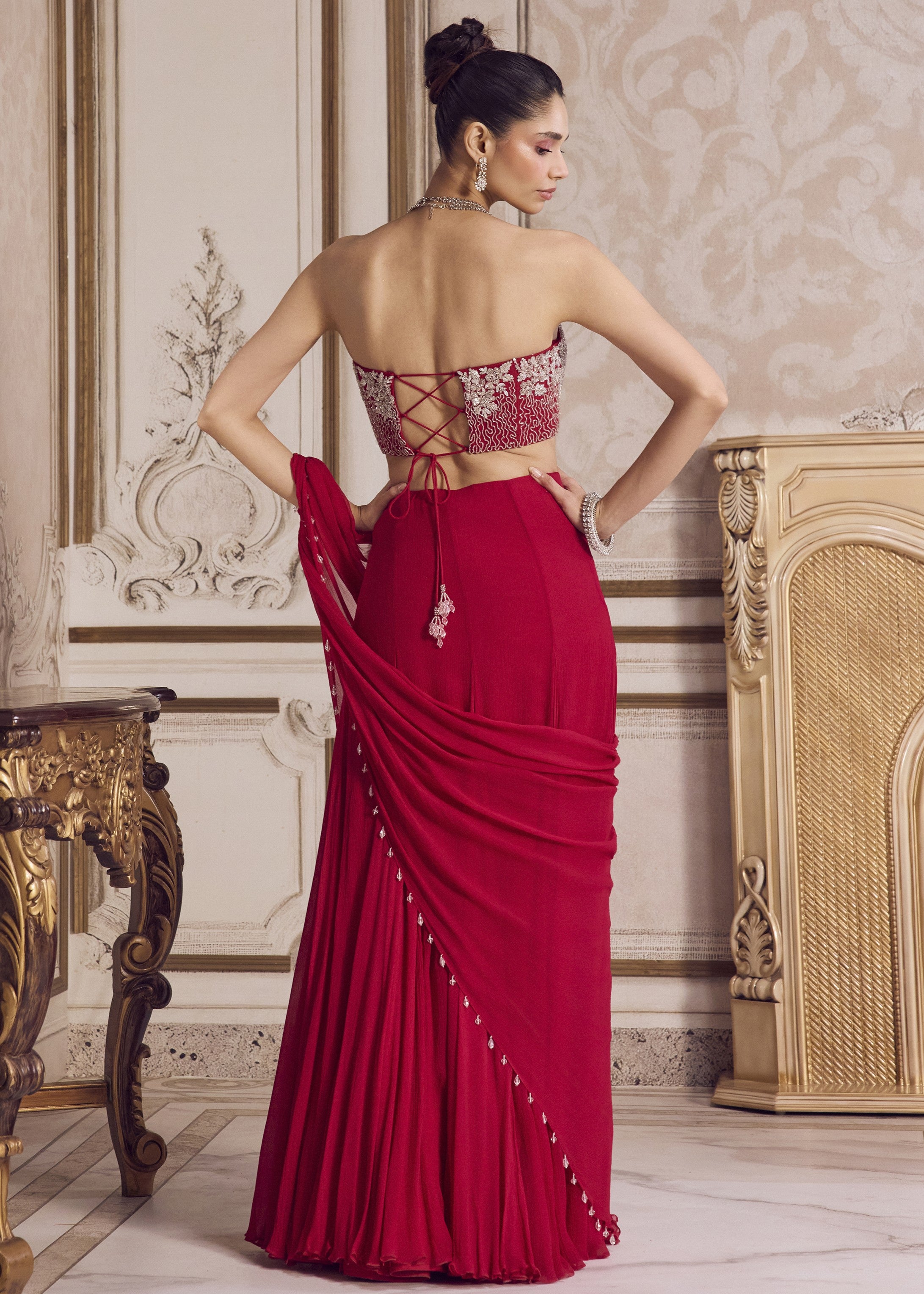 Magenta Chiffon Sari With Corset