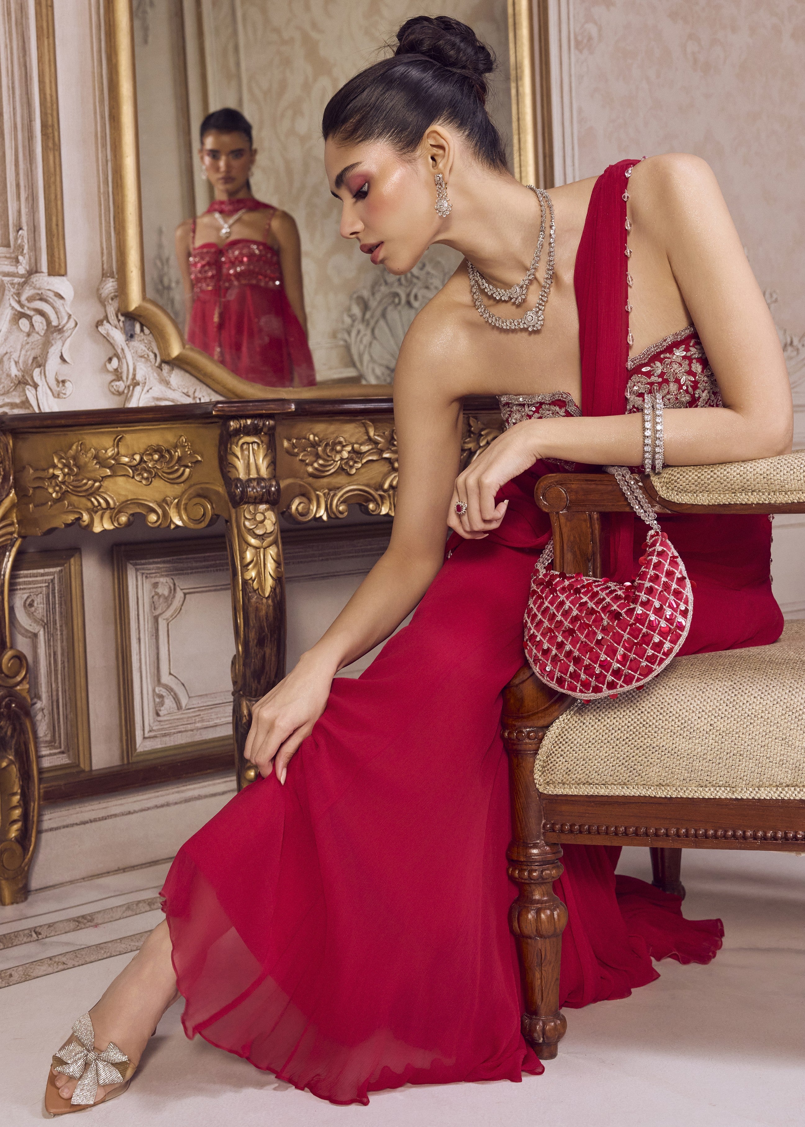 Magenta Chiffon Sari With Corset