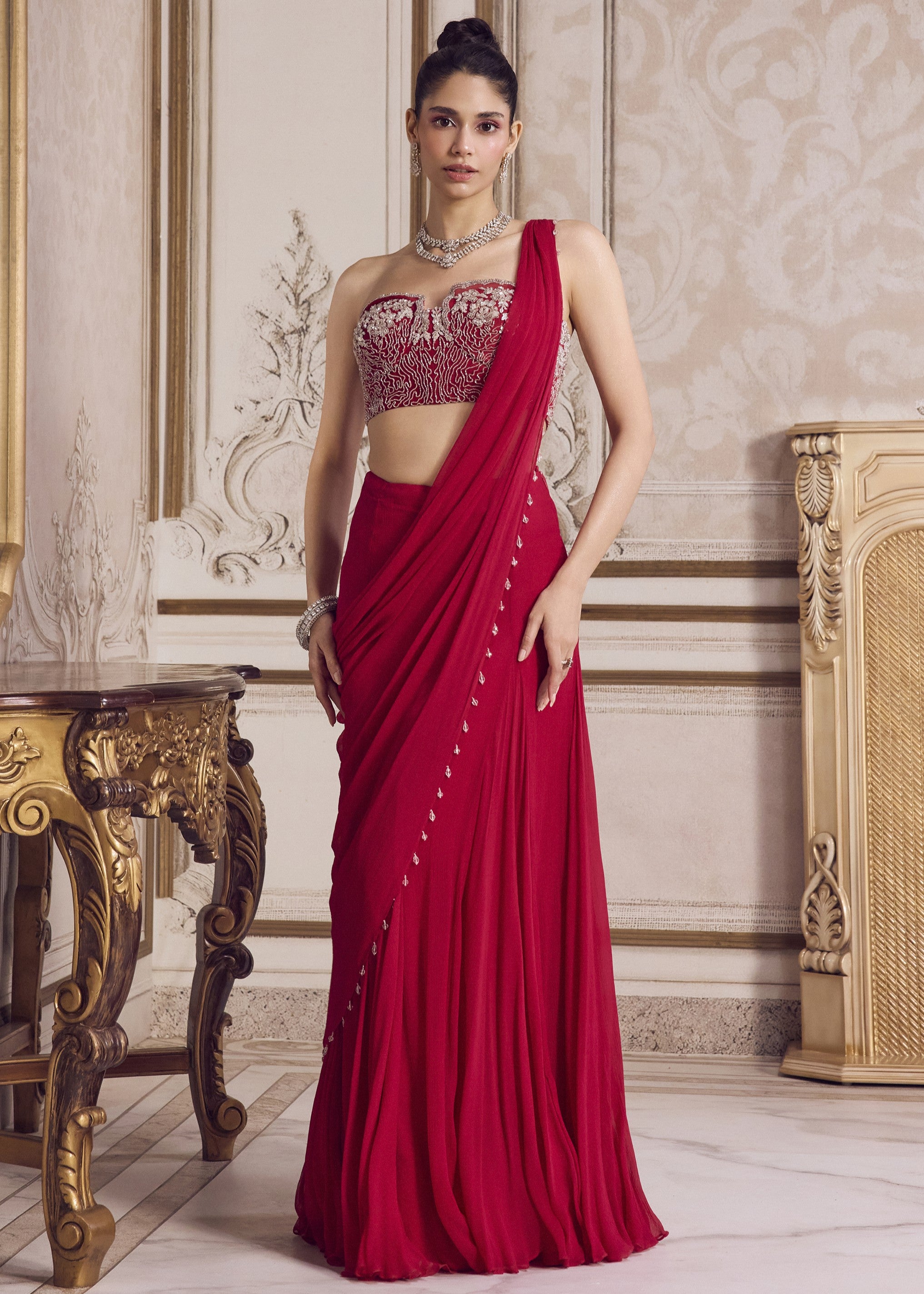 Magenta Chiffon Sari With Corset