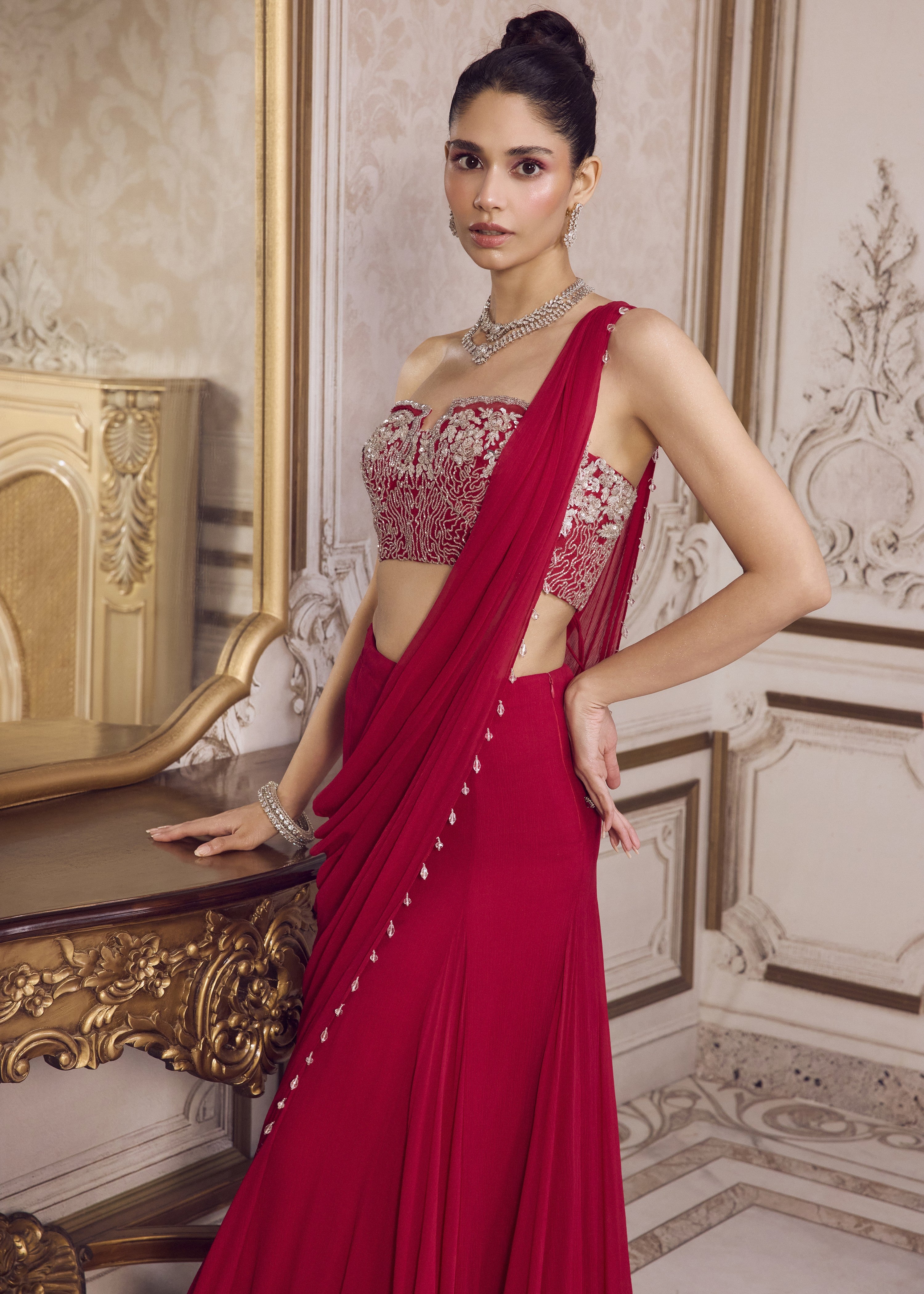 Magenta Chiffon Sari With Corset