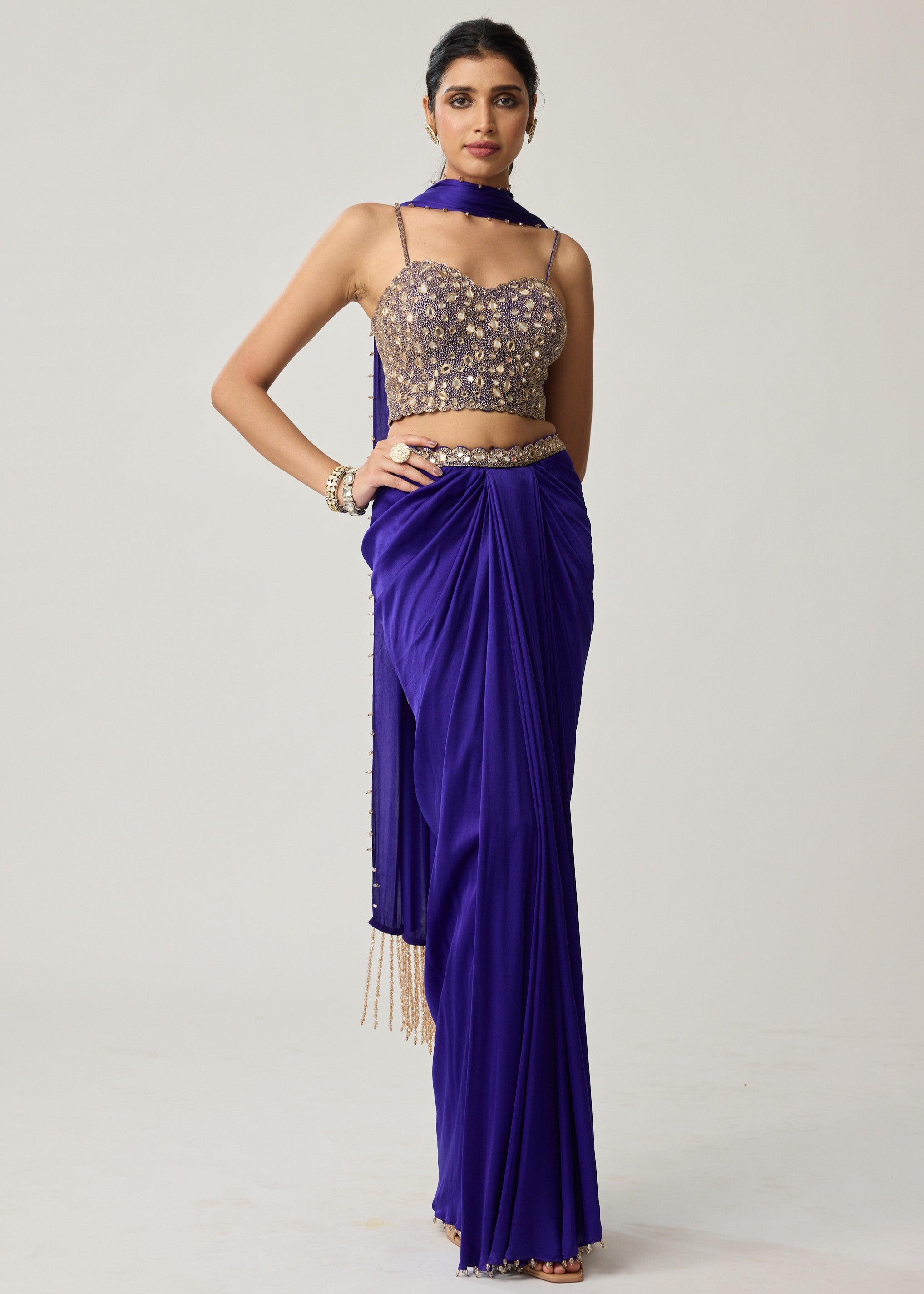 Persian Blue Mirror Corset Satin Draped Skirt Set