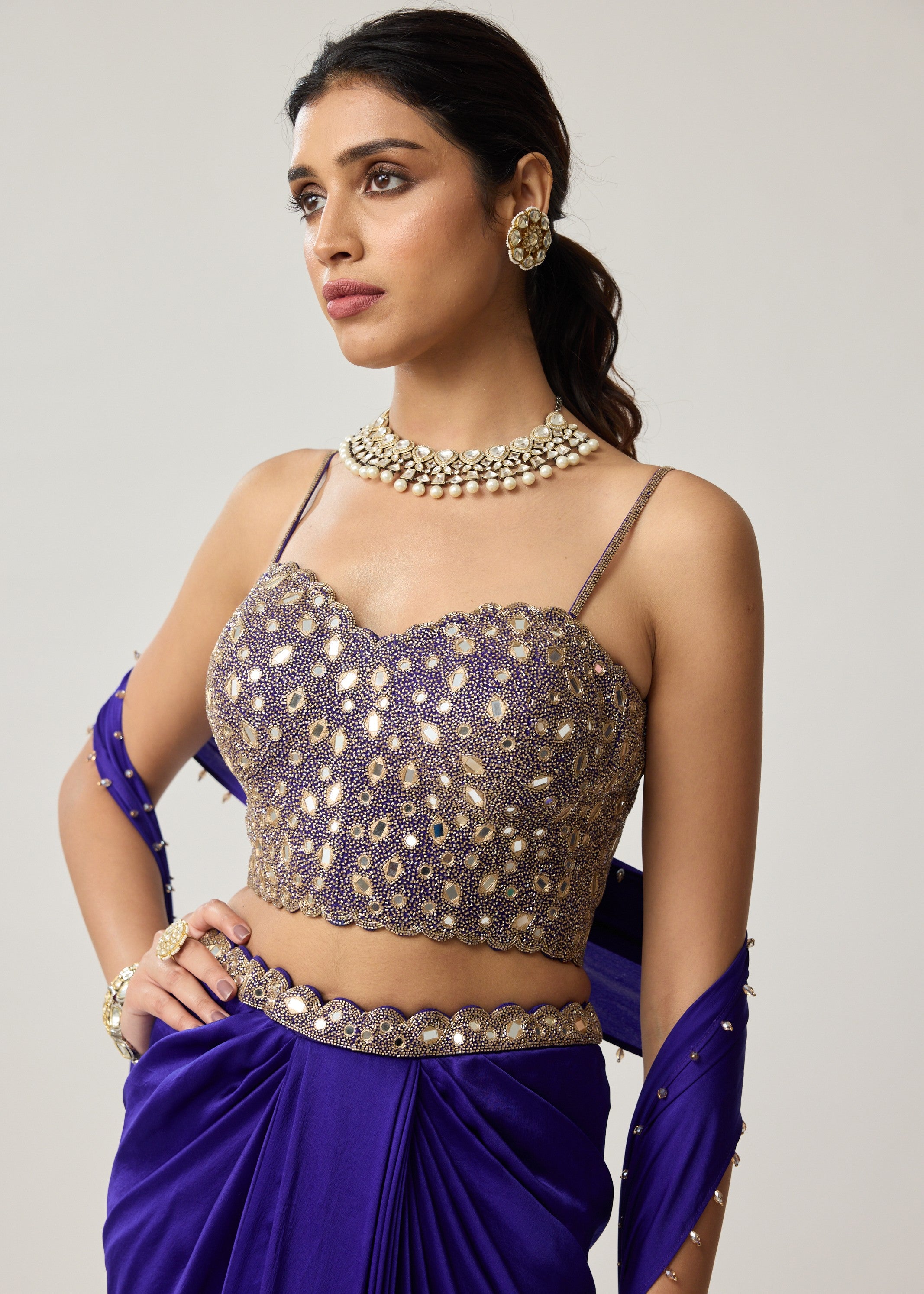 Persian Blue Mirror Corset Satin Draped Skirt Set