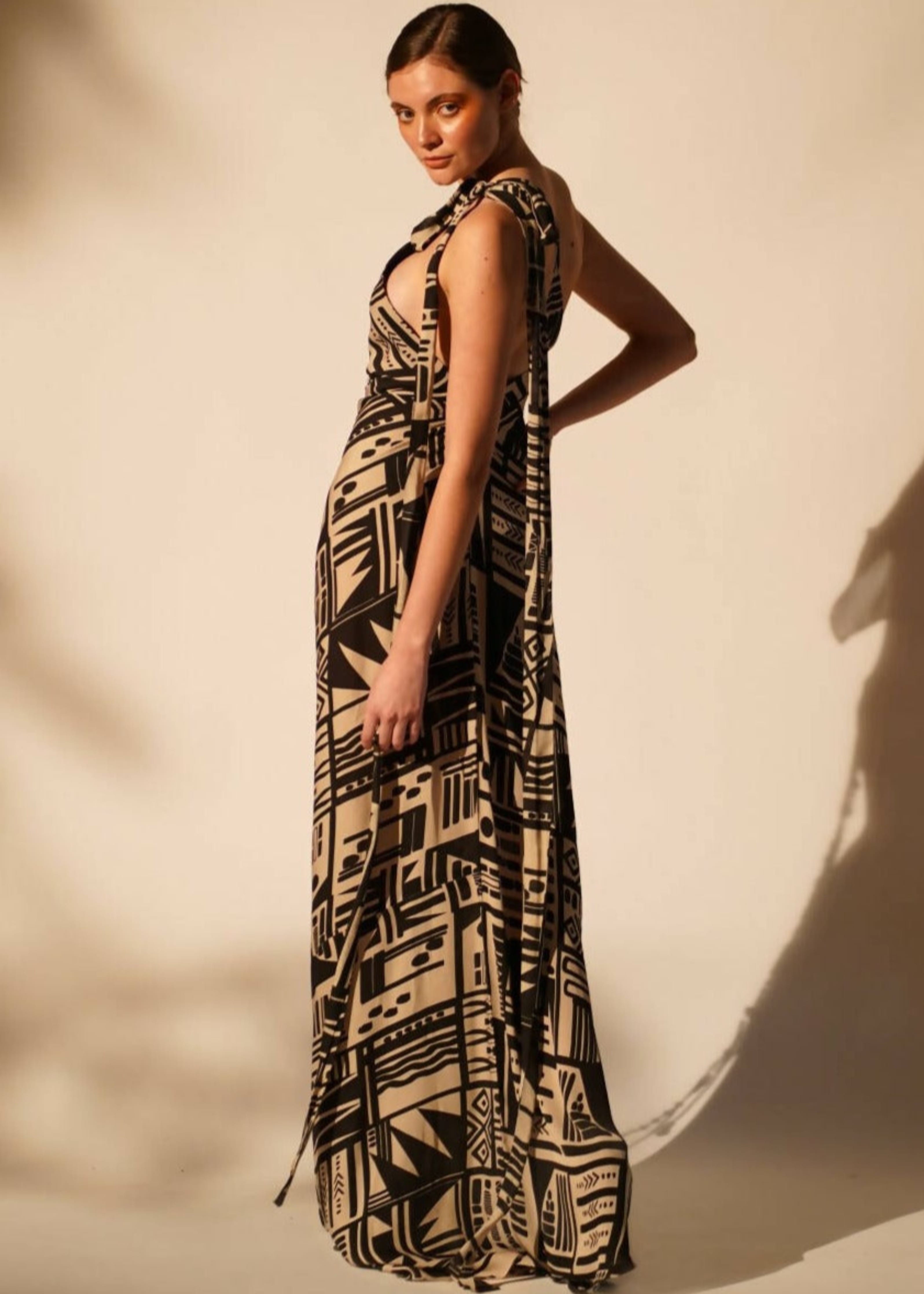 Abstract Print One Shoulder Maxi Dress