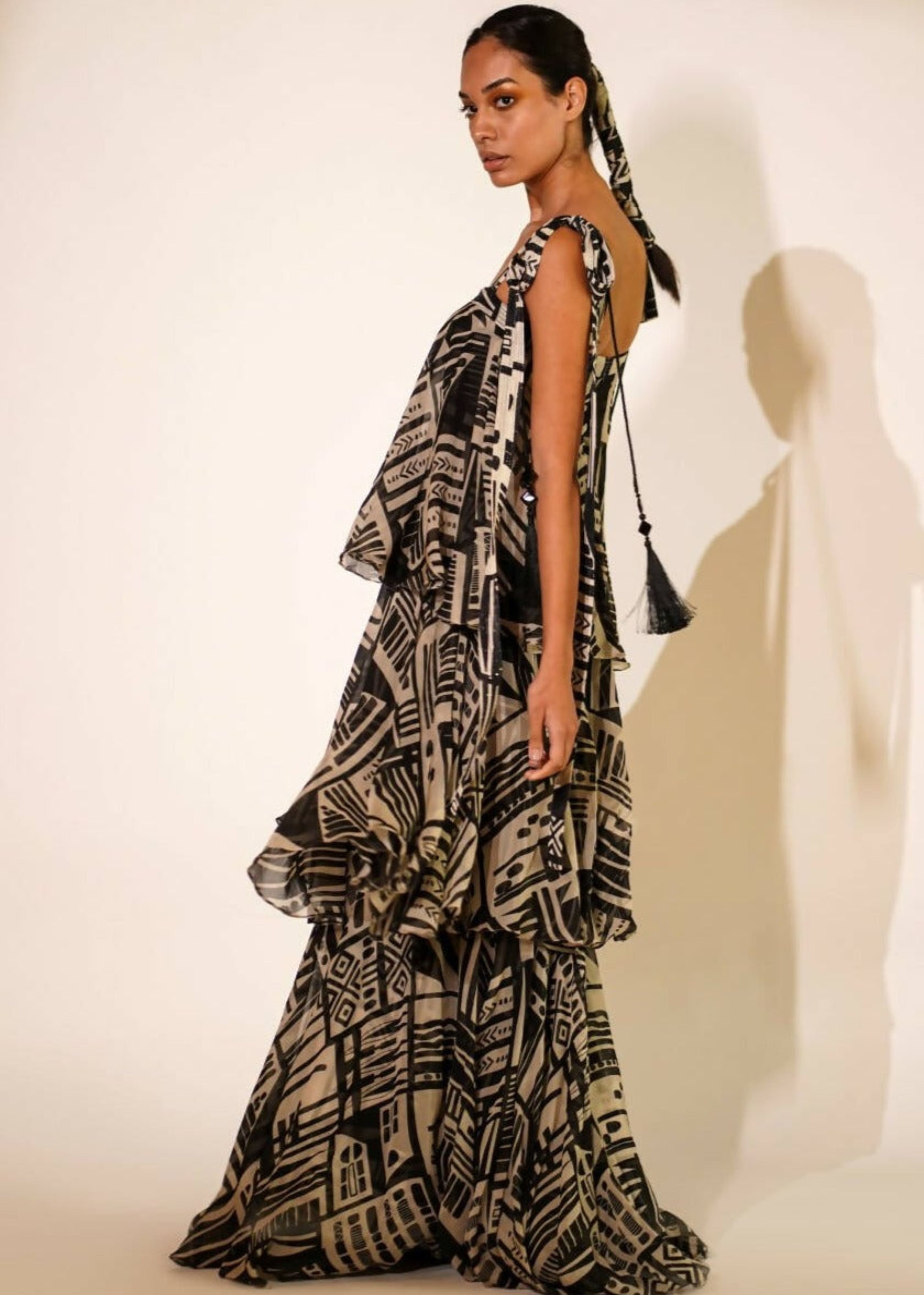 Abstract Print Tiered Maxi Dress