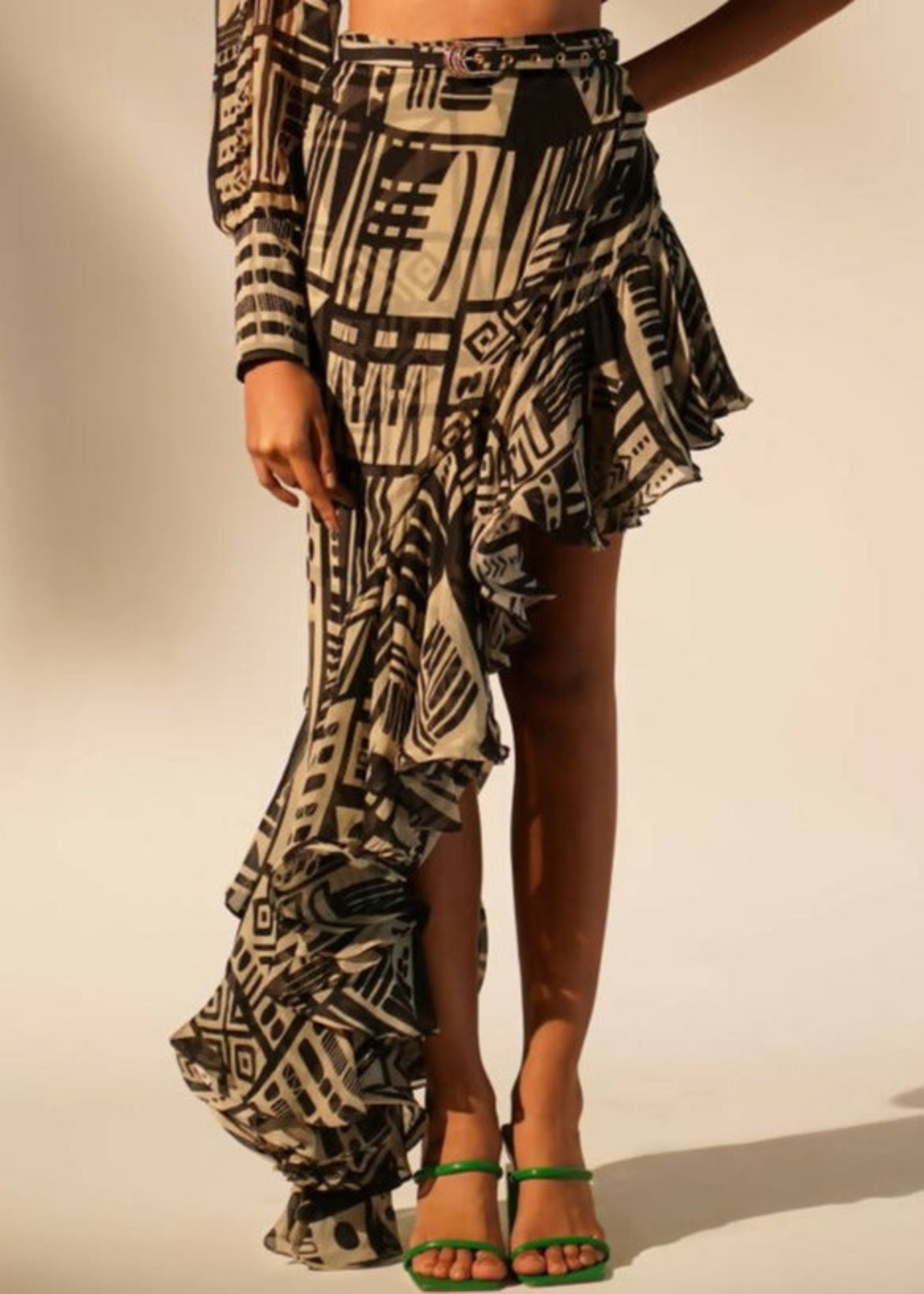 Abstract Print Ruffle Skirt