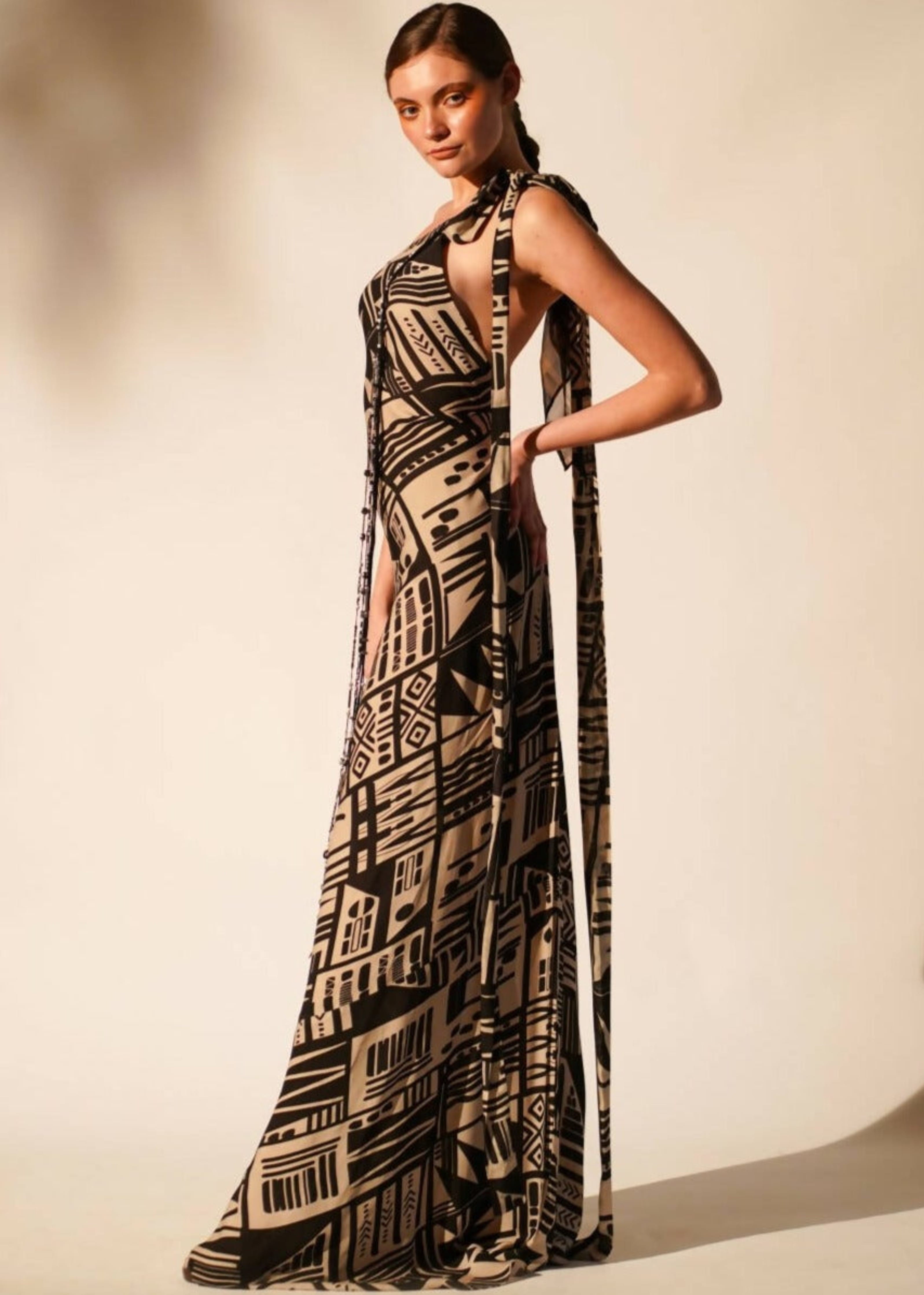 Abstract Print One Shoulder Maxi Dress